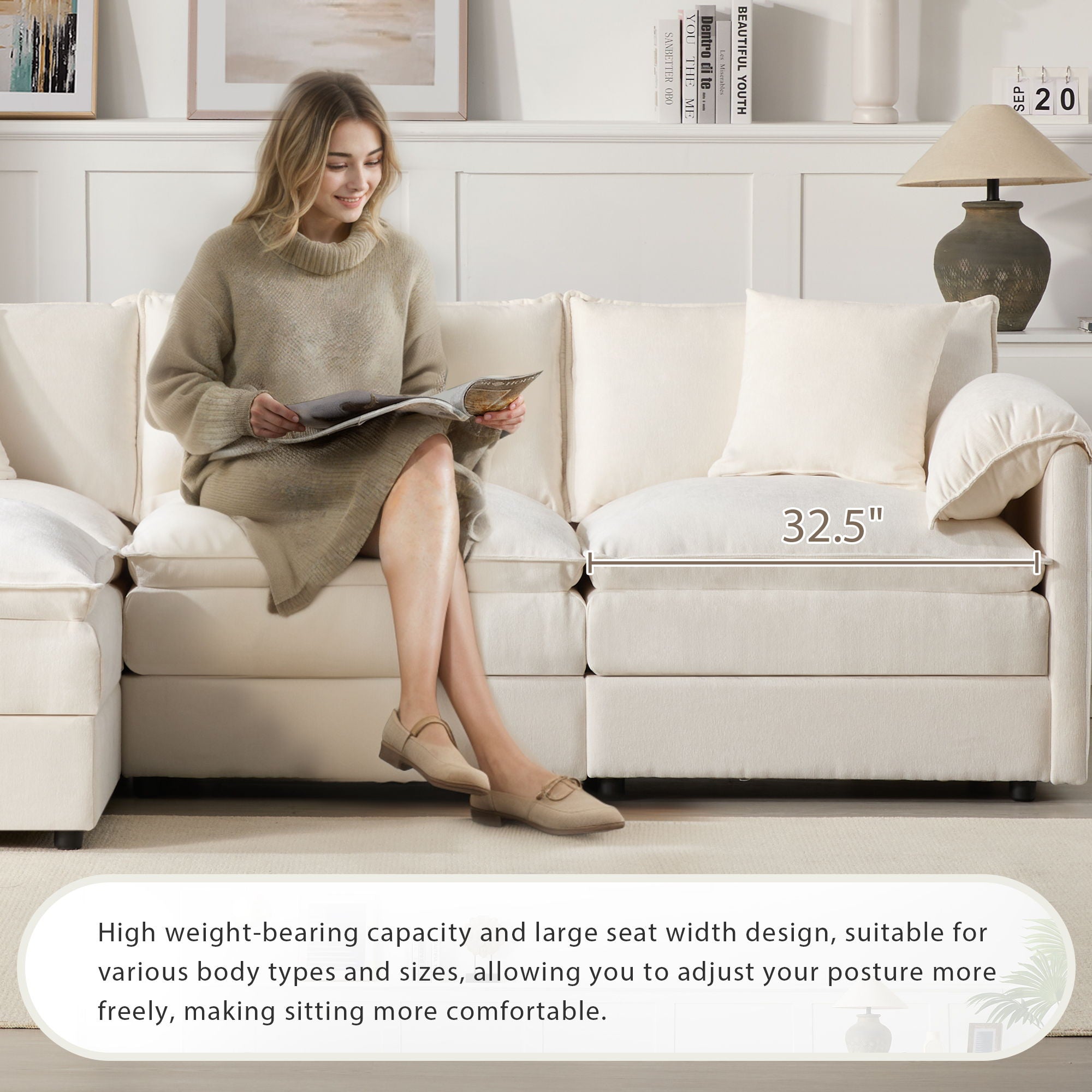 Modular Sectional With Deep And Wide Seat, Cloud Couch Set With Double Cushions Sofa With Movable Ottoman