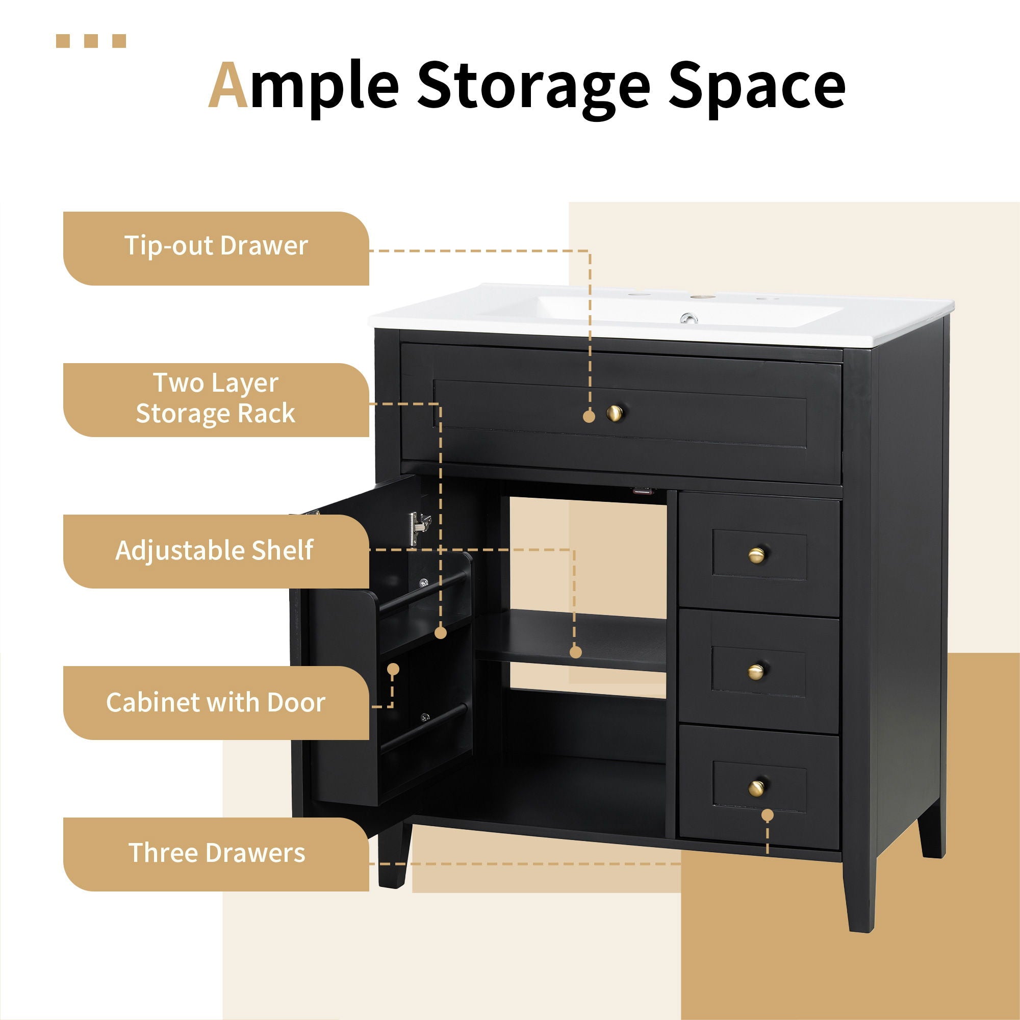 Bathroom Vanity With Sink, 3 Drawers And Adjustable Shelf