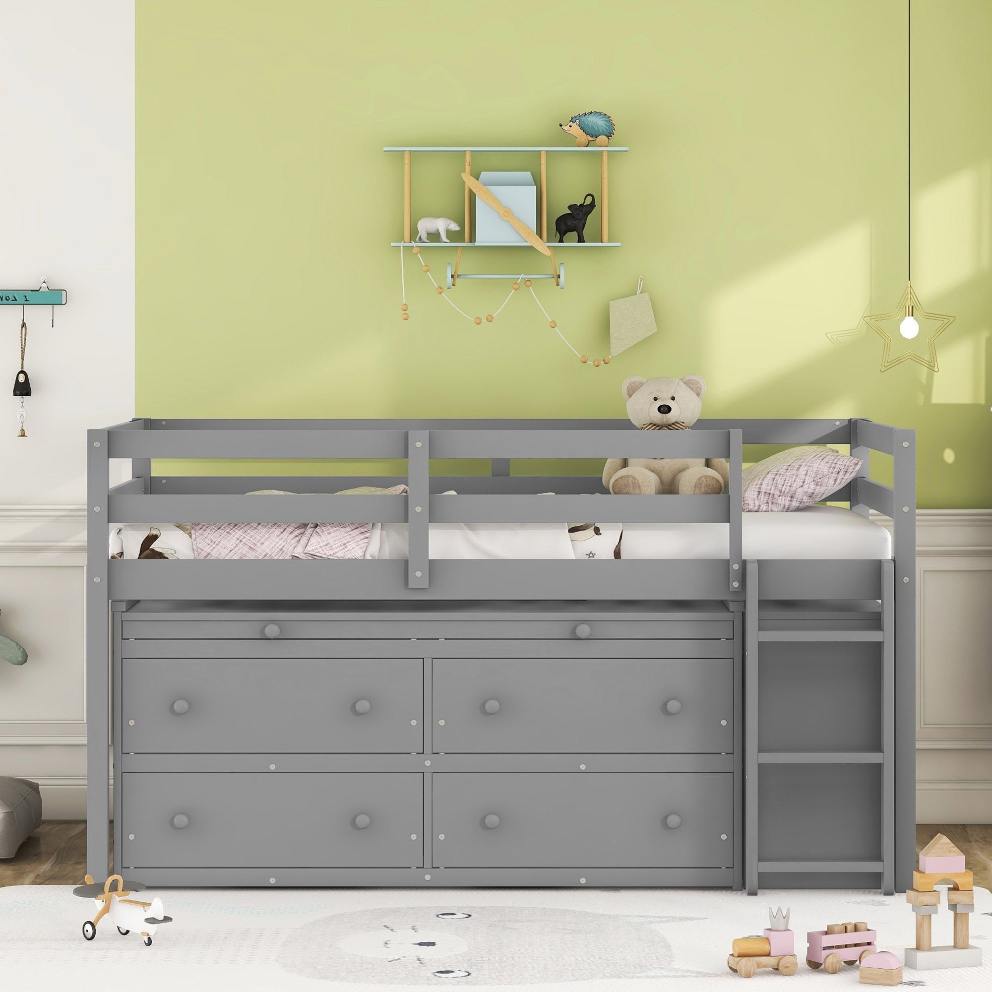 Loft Bed With Retractable Writing Desk And 4 Drawers, With Lateral Portable Desk And Shelves
