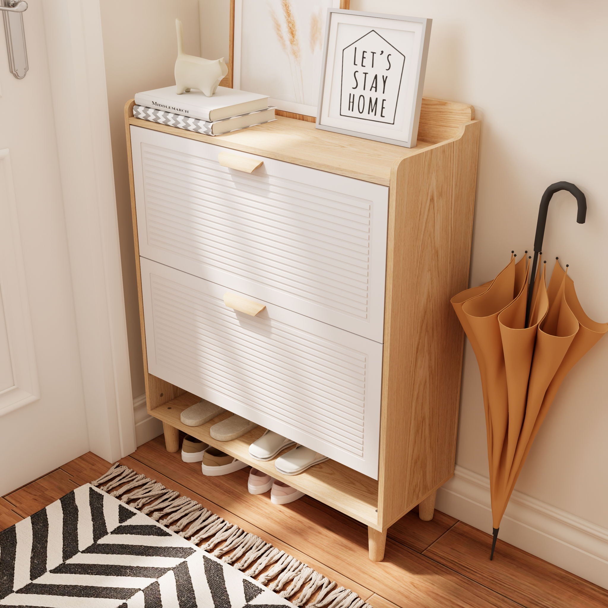 Shoe Storage Cabinet With 2 Flip Drawers, Compact Entryway Organizer - Natural / White