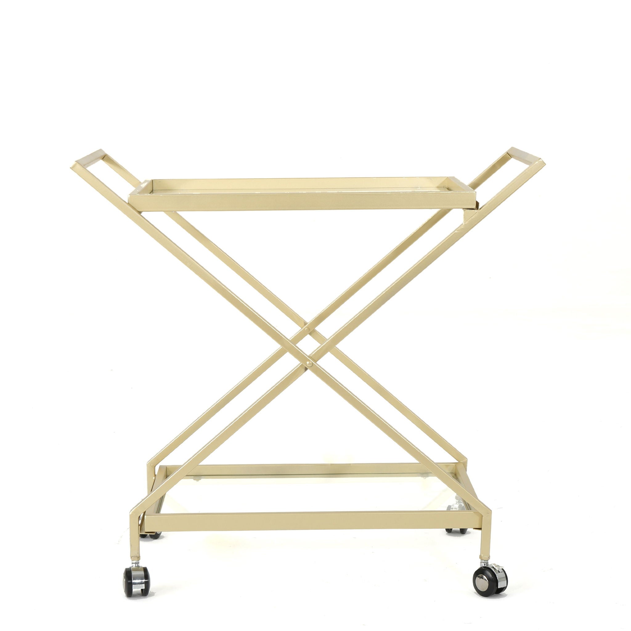 Sherianne - Industrial Bar Cart With Tempered Glass Shelves And Swivel Wheels - Gold