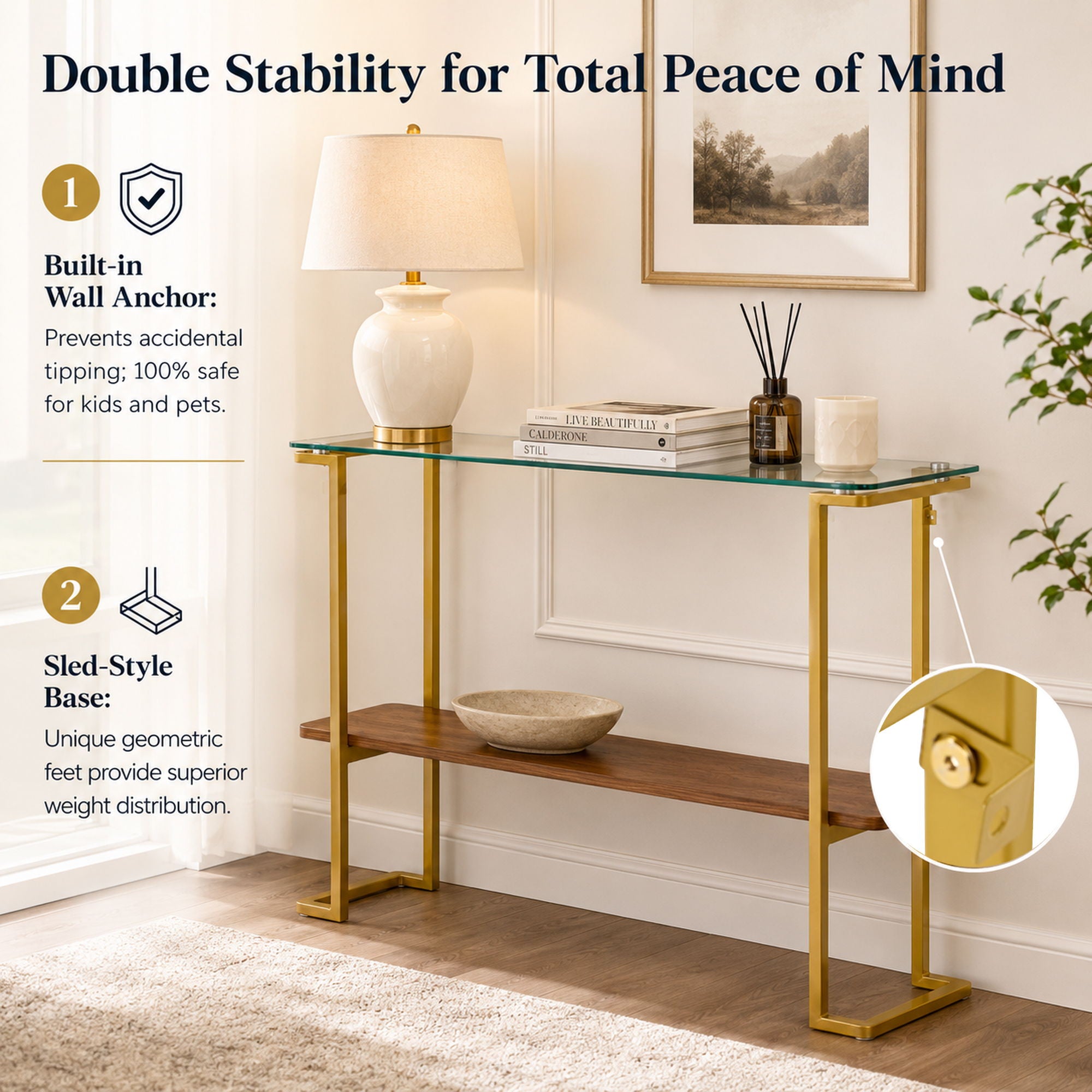 Console Table With Shelf, 2 Tier Living Room - Gold / Walnut