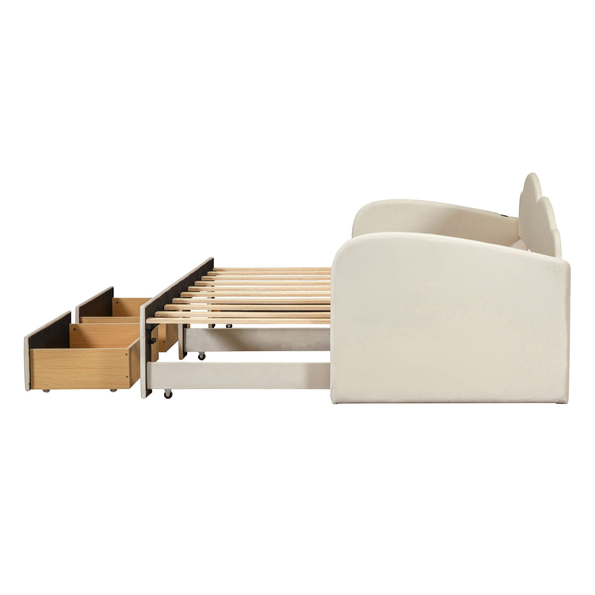 Upholstered Daybed With Cloud-Shaped Backrest, Trundle & 2 Drawers And USB Ports