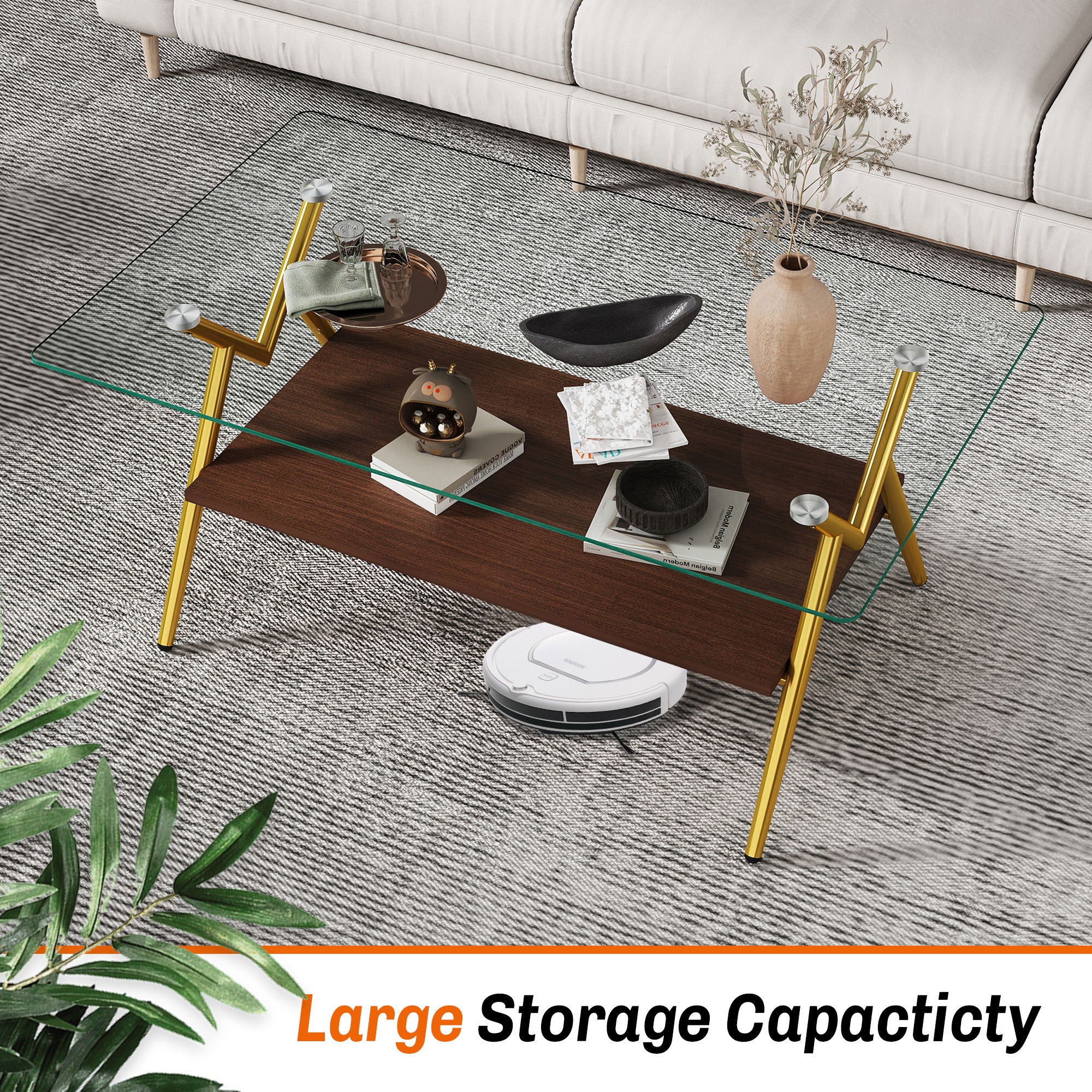 Rectangle Coffee Table With Tempered Glass Top And Shelf