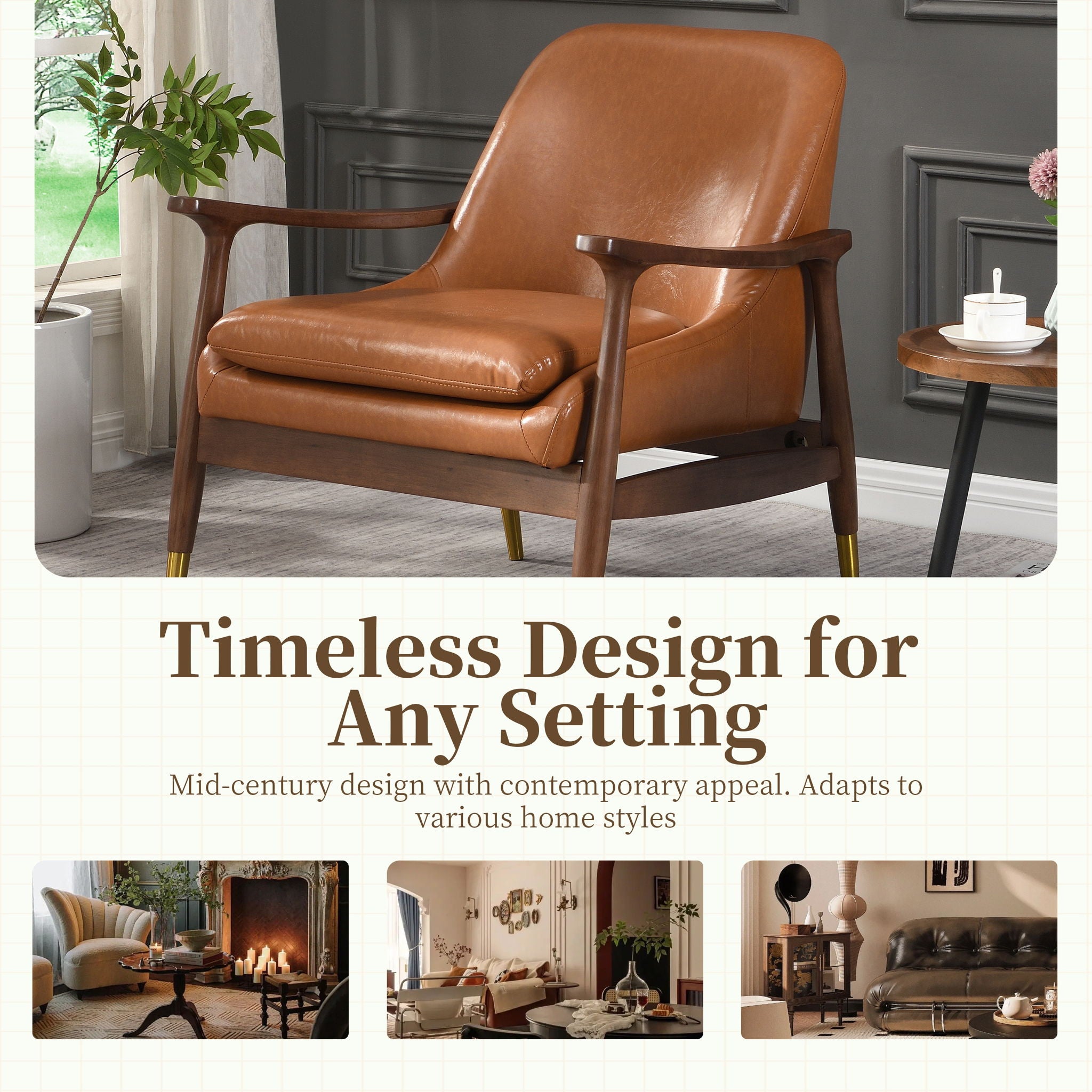 Mid - Century Accent Chair With Cushioned Seat, Brass Tipped Legs