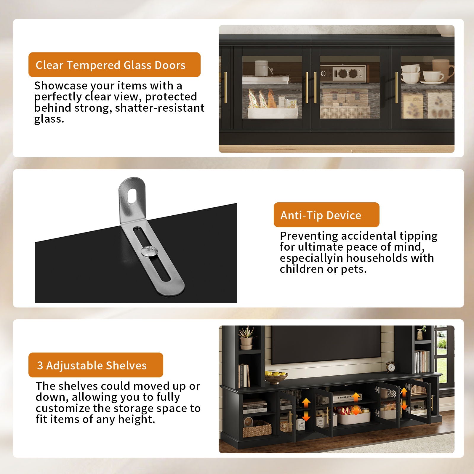 All-In-One Entertainment Center With Bookshelves & Tempered Glass Doors, TV Console Unit For Living Room