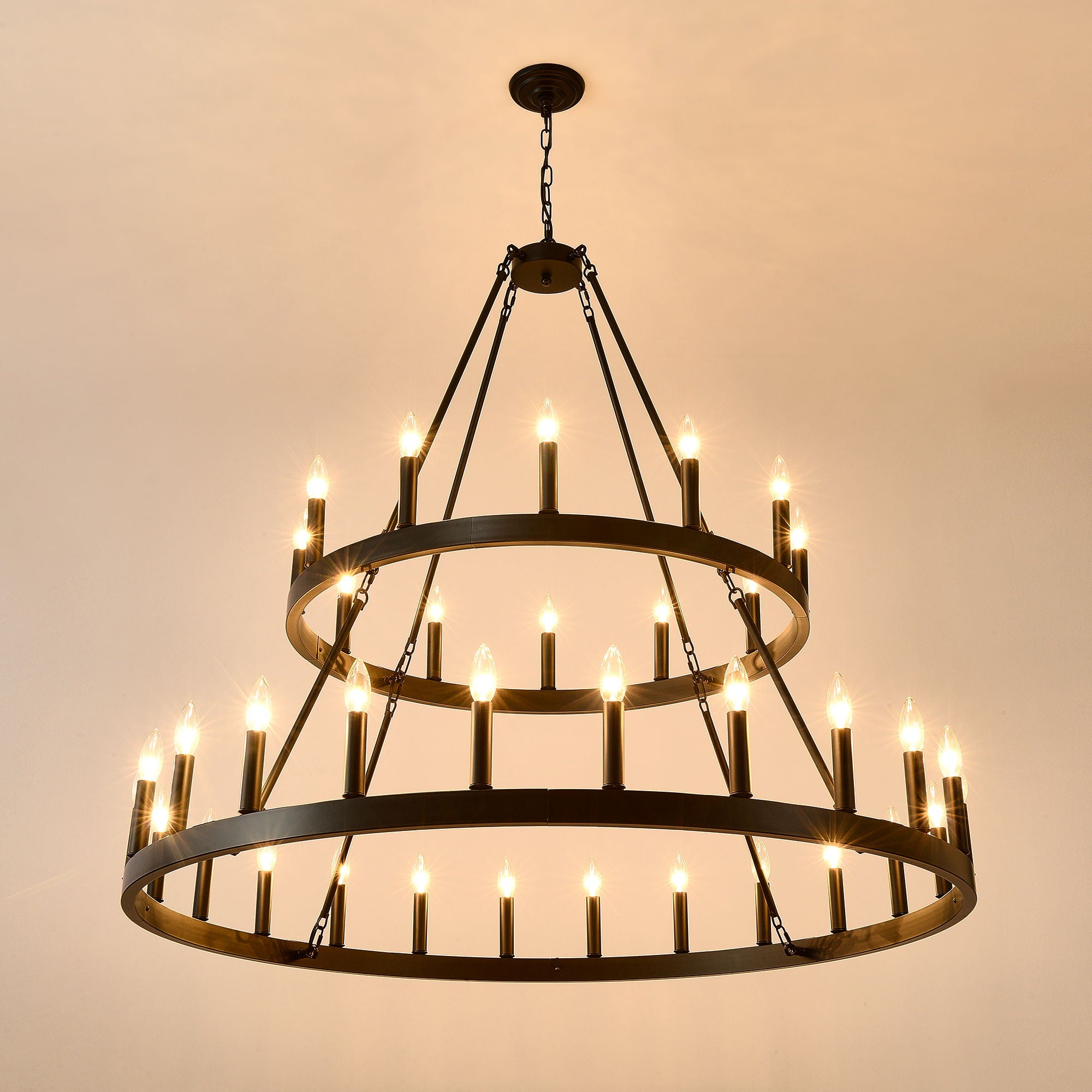 2 Tiers Wagon Wheel Chandelier Wooden Farmhouse 36 Light (24 / 12) Or (12 / 24) Metal Chandeliers 2 Story Light Fixtures Industrial For High Ceiling Living Dining Room Foyer, Adjustable Height - Black