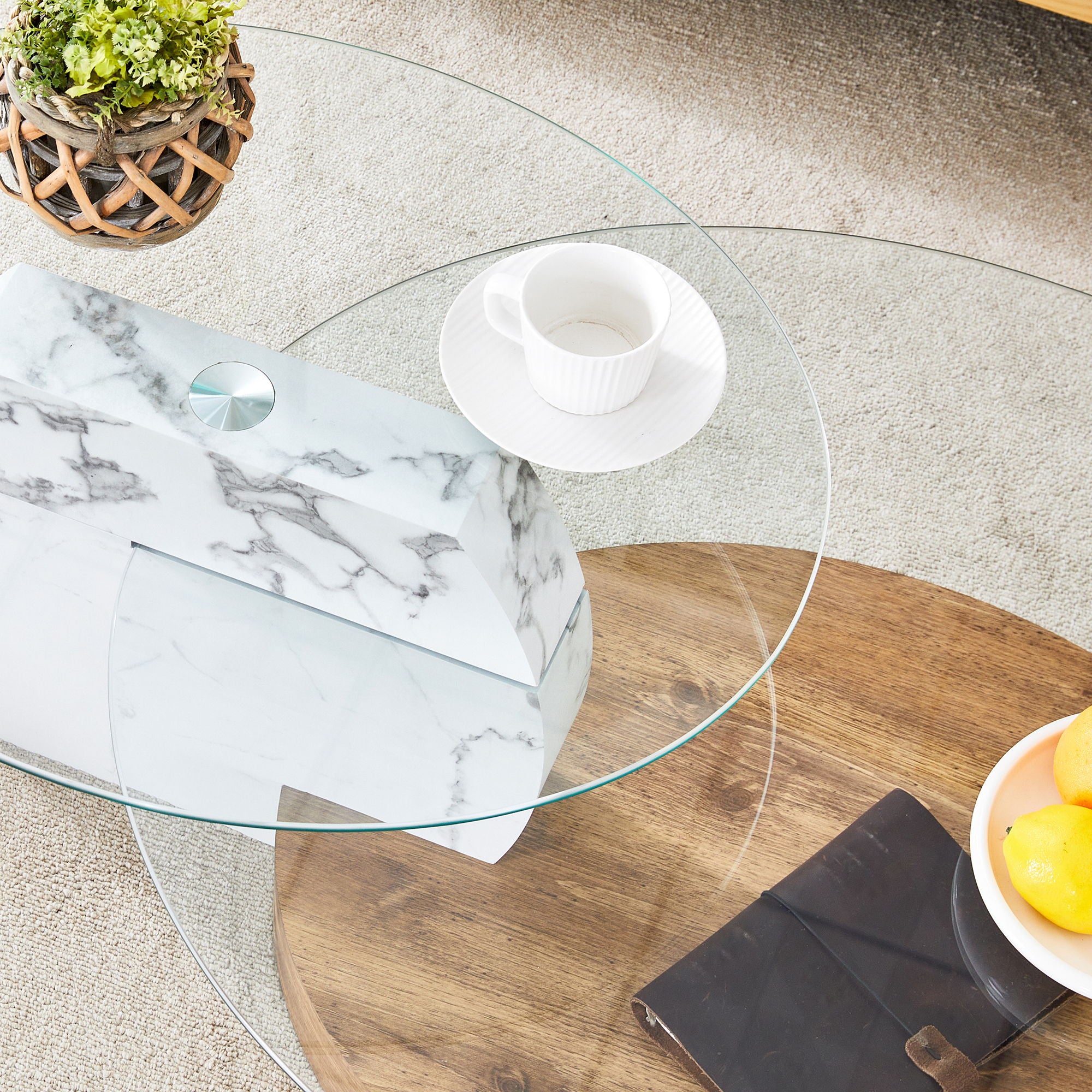 Contemporary Artistic Double Layer Coffee Table, Tempered Glass Top