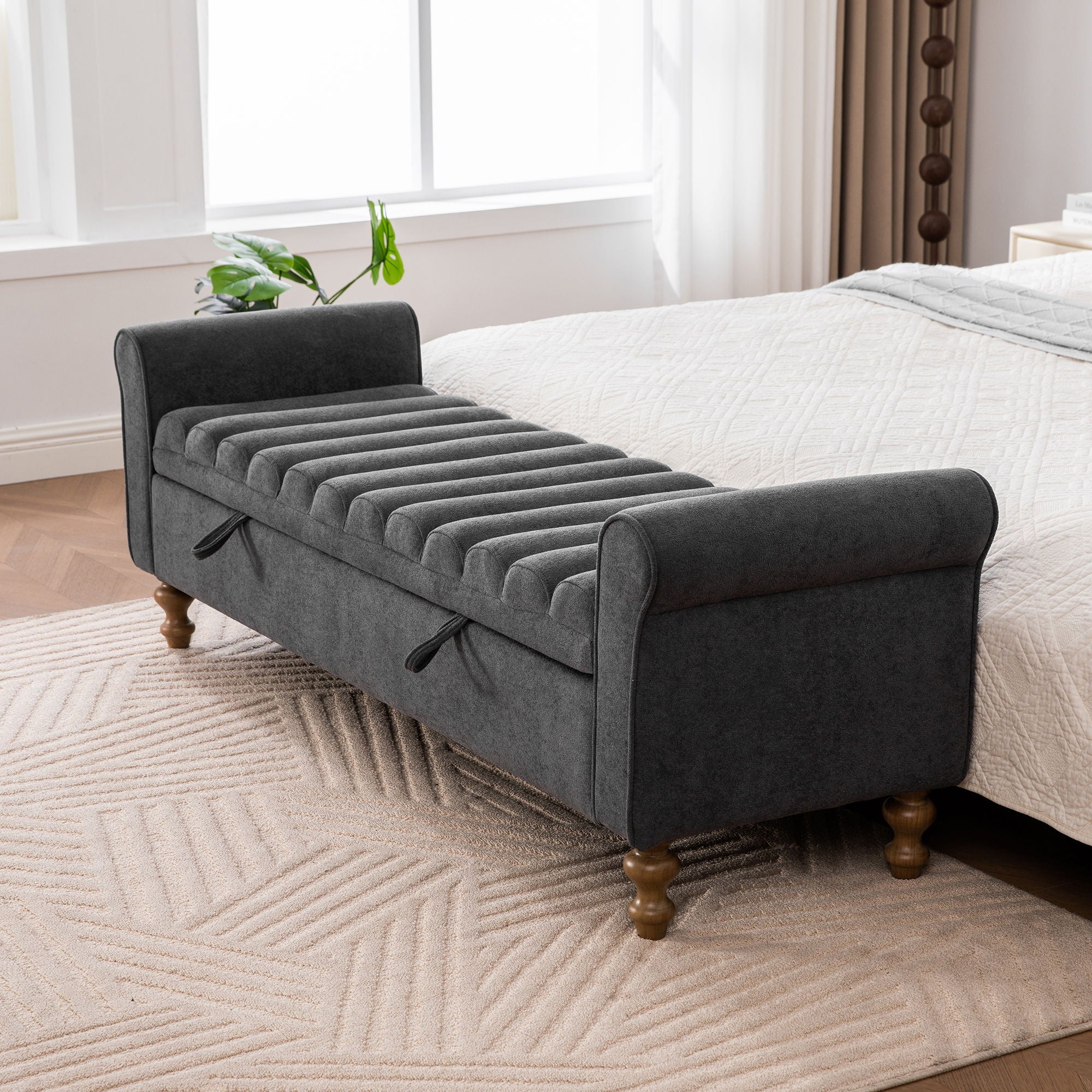 Wide Modern Upholstered Storage Bench With Rolled Armrest