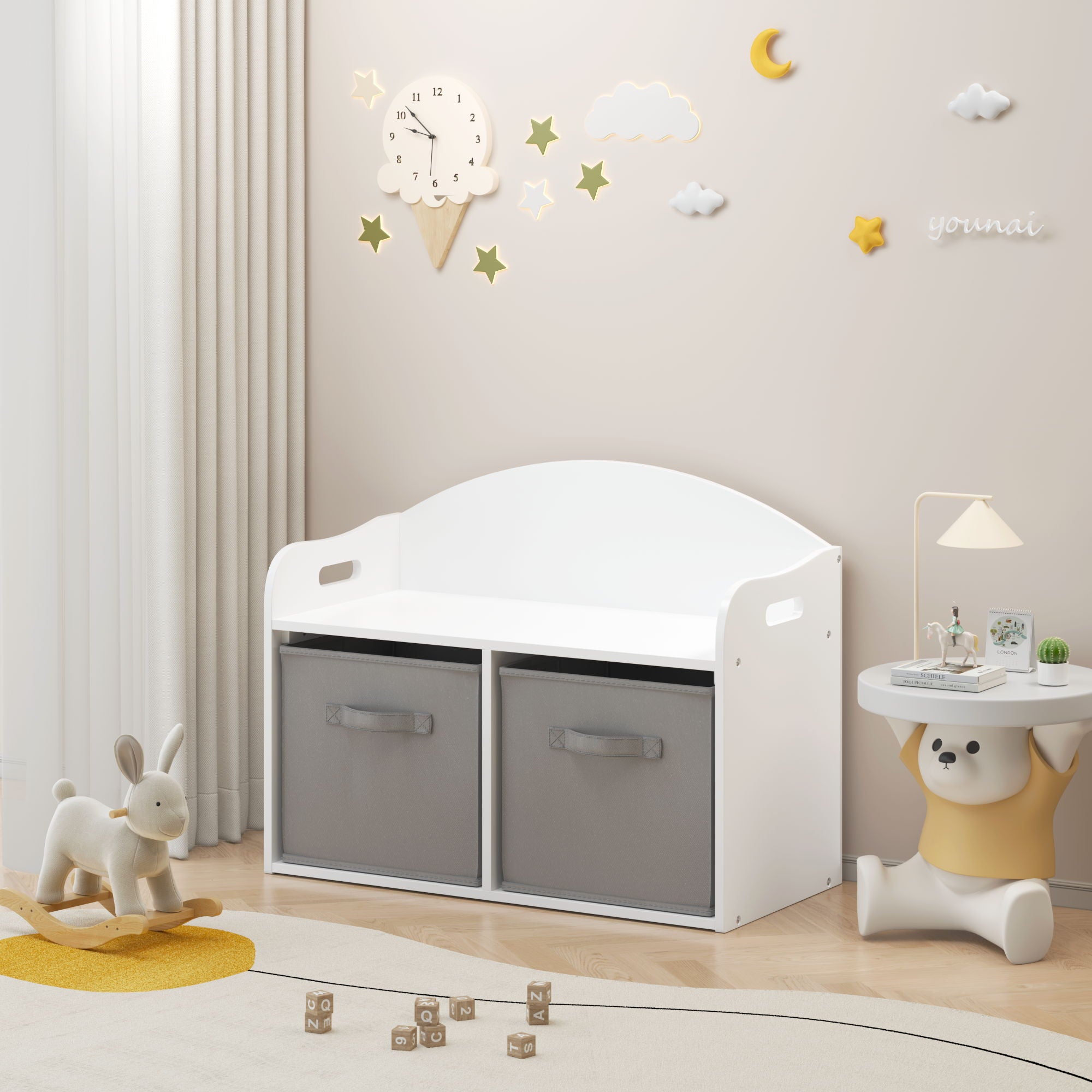 Toy Box Bench With Collapsible Drawers, Storage Cabinet Organizer - White