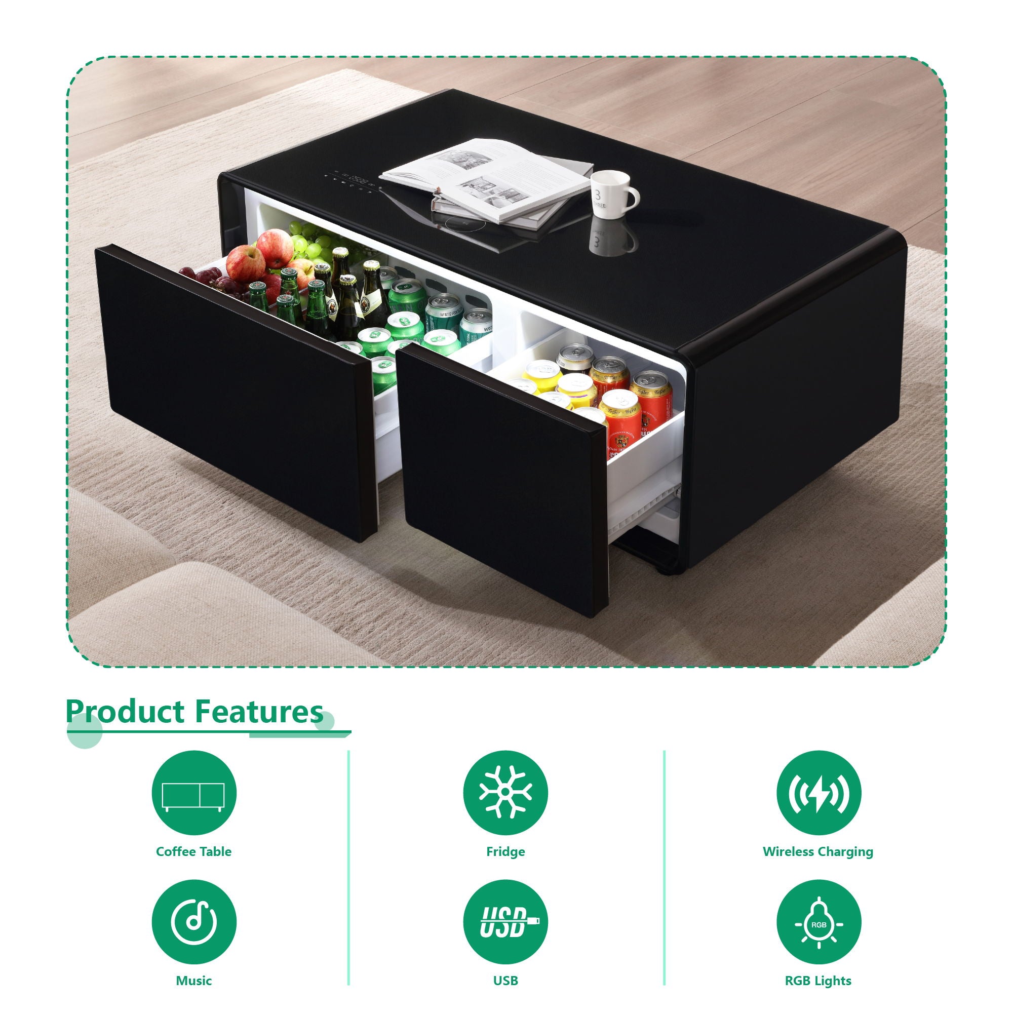 Modern Smart Coffee Table With Built-In Fridge - tooth Speaker, Wireless Charging, Touch Control Panel, USB Interface, Outlet Protection, Atmosphere Light