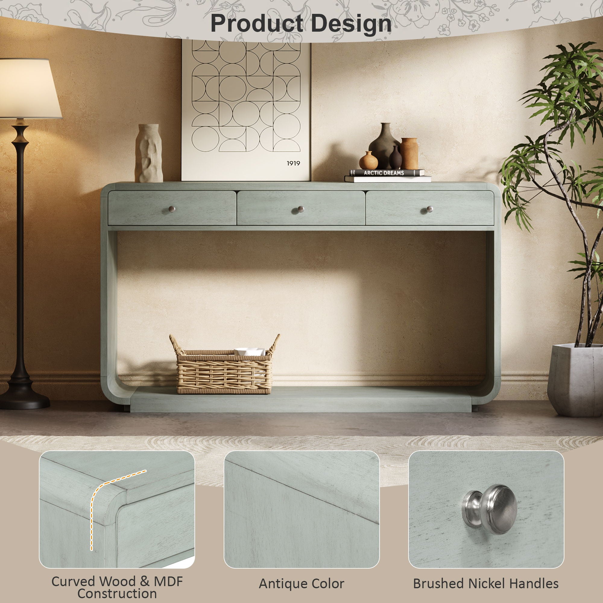 onsole Table With 3 Drawers And Display Shelf