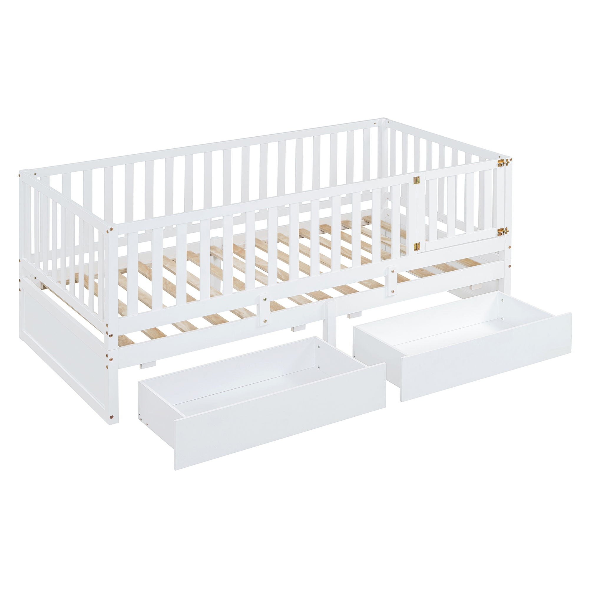 Daybed With Fence Guardrails And 2 Drawers, Split Into Independent Floor Bed & Daybed