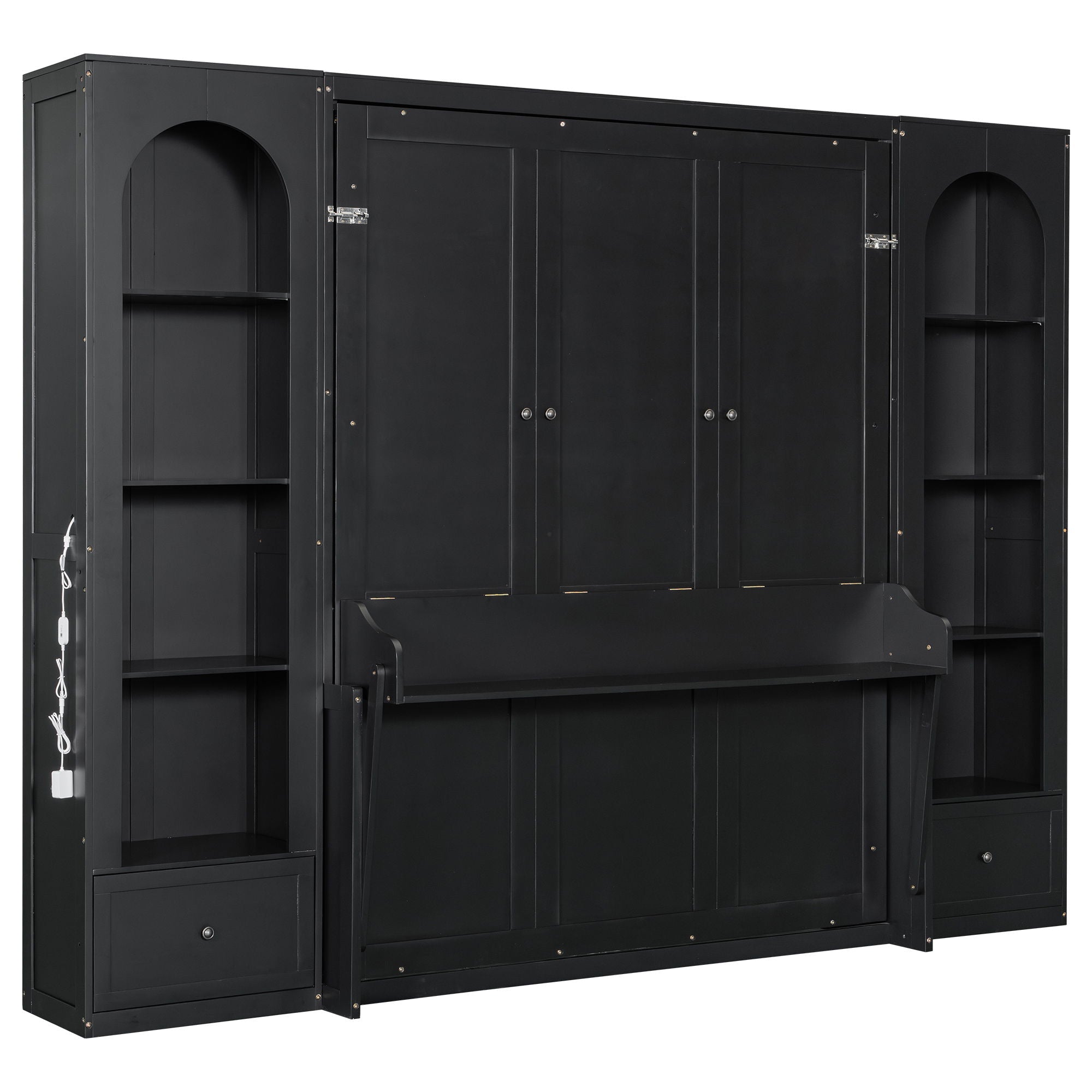 French Style Murphy Platform Bed With Shelf, Side Cabinets, Drawers And LED