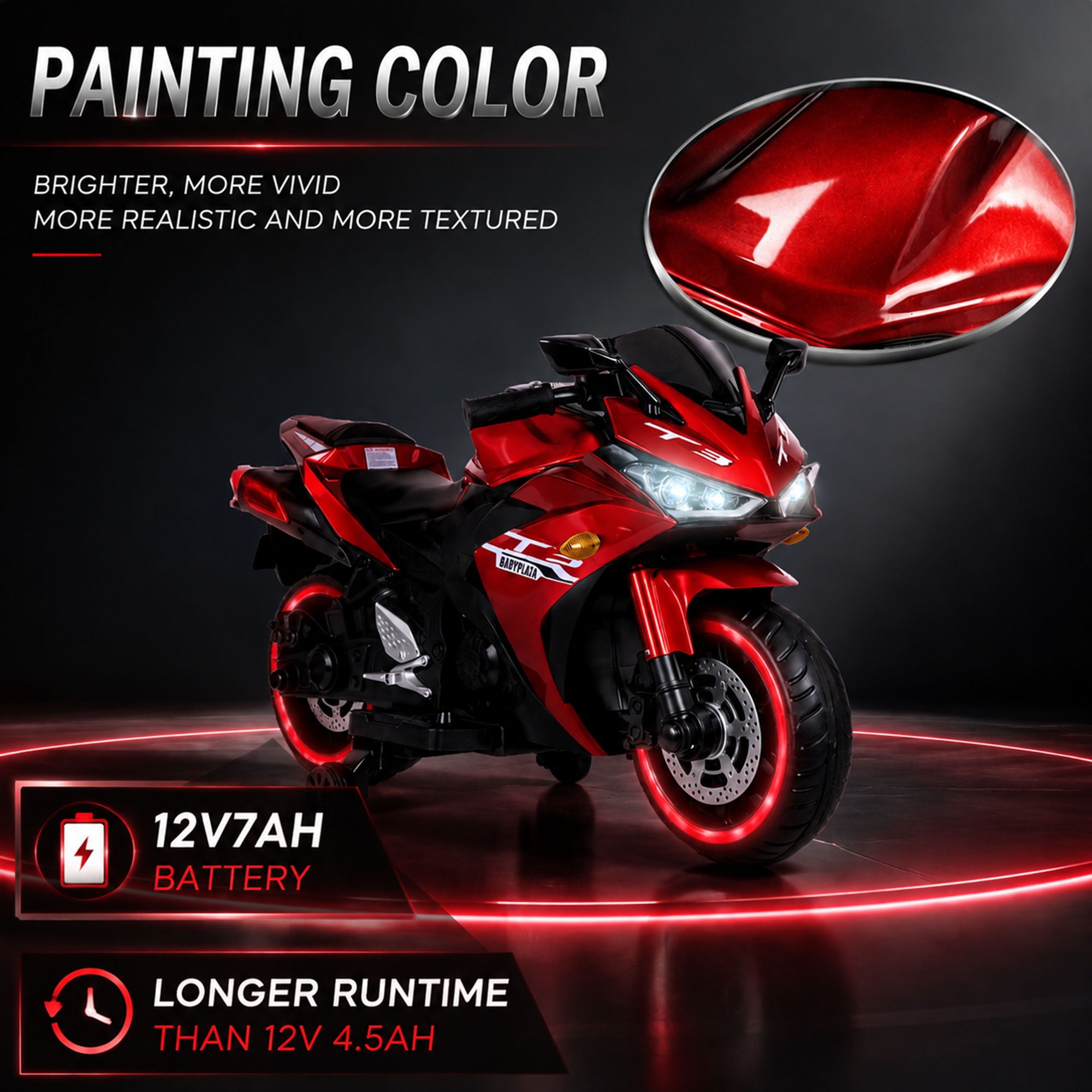 Kids 12V Motorcycle With Training Wheels, Manual Throttle, And Lighting Wheels For Boys And Girls Ages 3-6 - Red