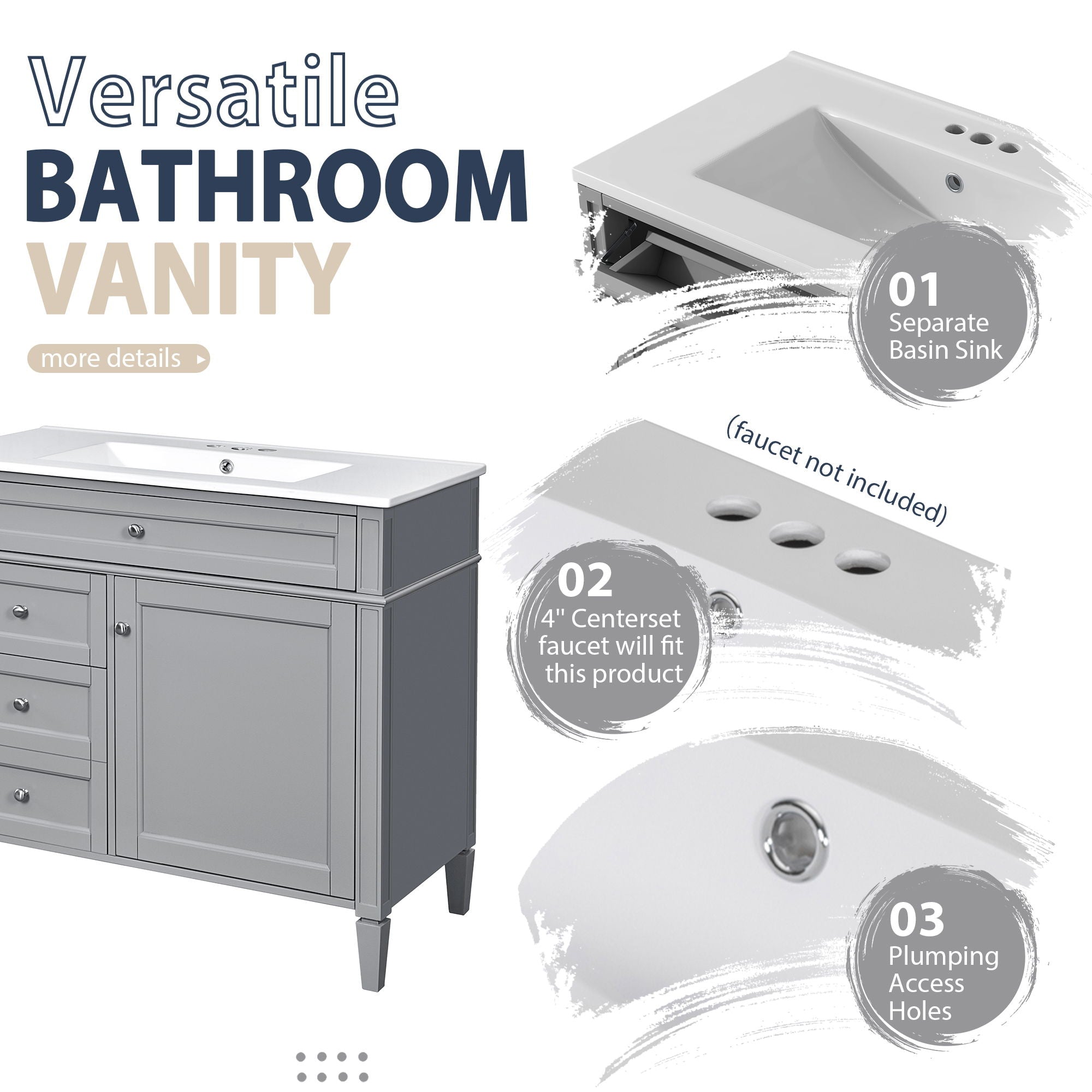 Bathroom Vanity With Mirror Cabinet, Single Sink With 2 Soft Closing Doors And 4 Drawers