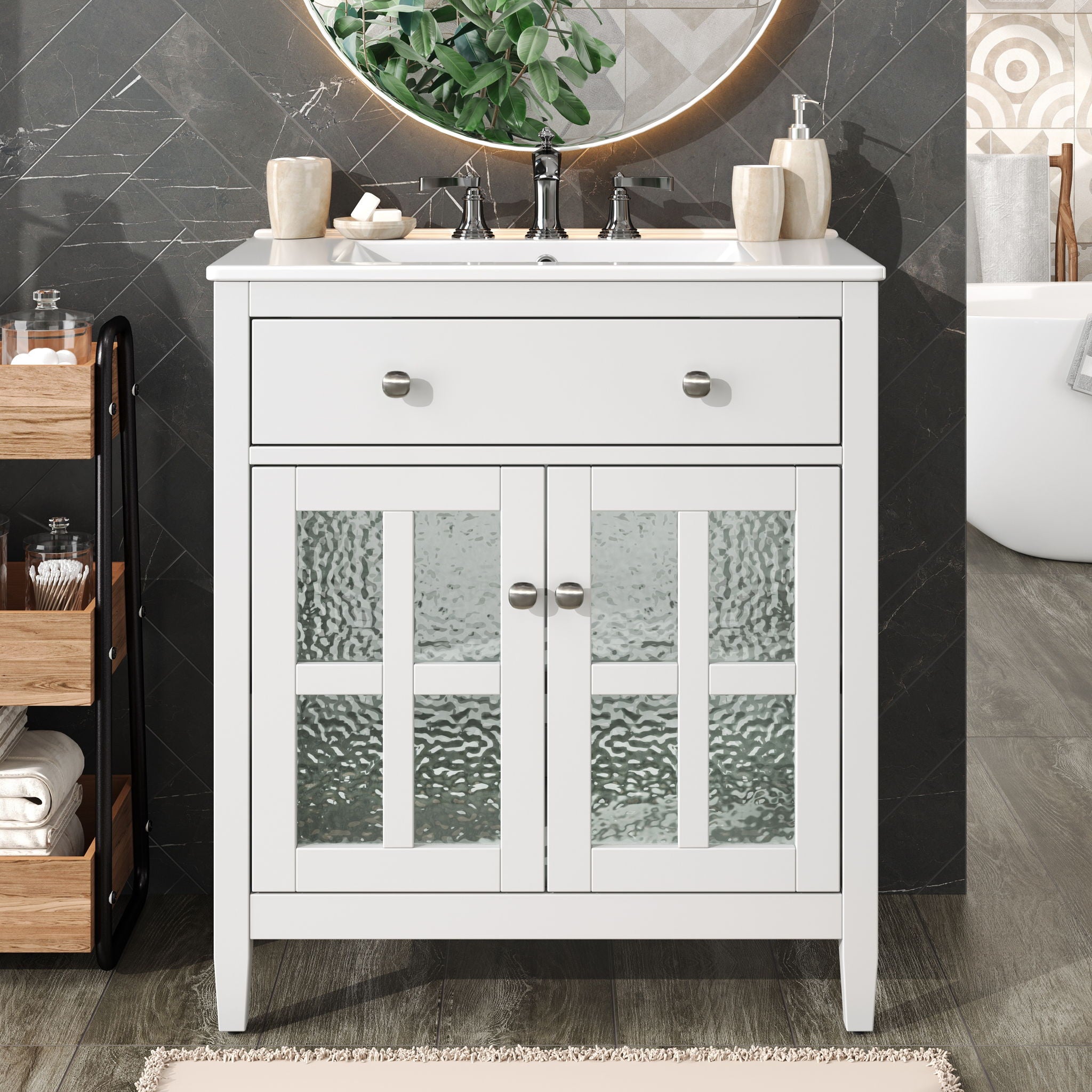 Bathroom Vanity With Ceramic Sink, Adjustable Shelf & Tip Out Tray
