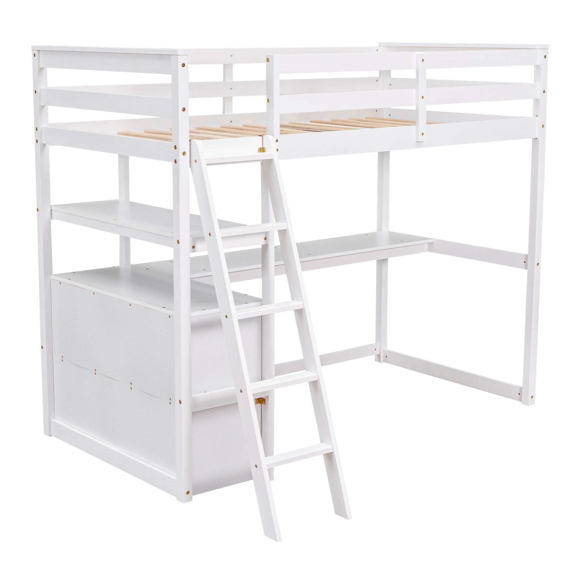 Modern Loft Bed With Built In Desk, Shelves, And 2 Drawers