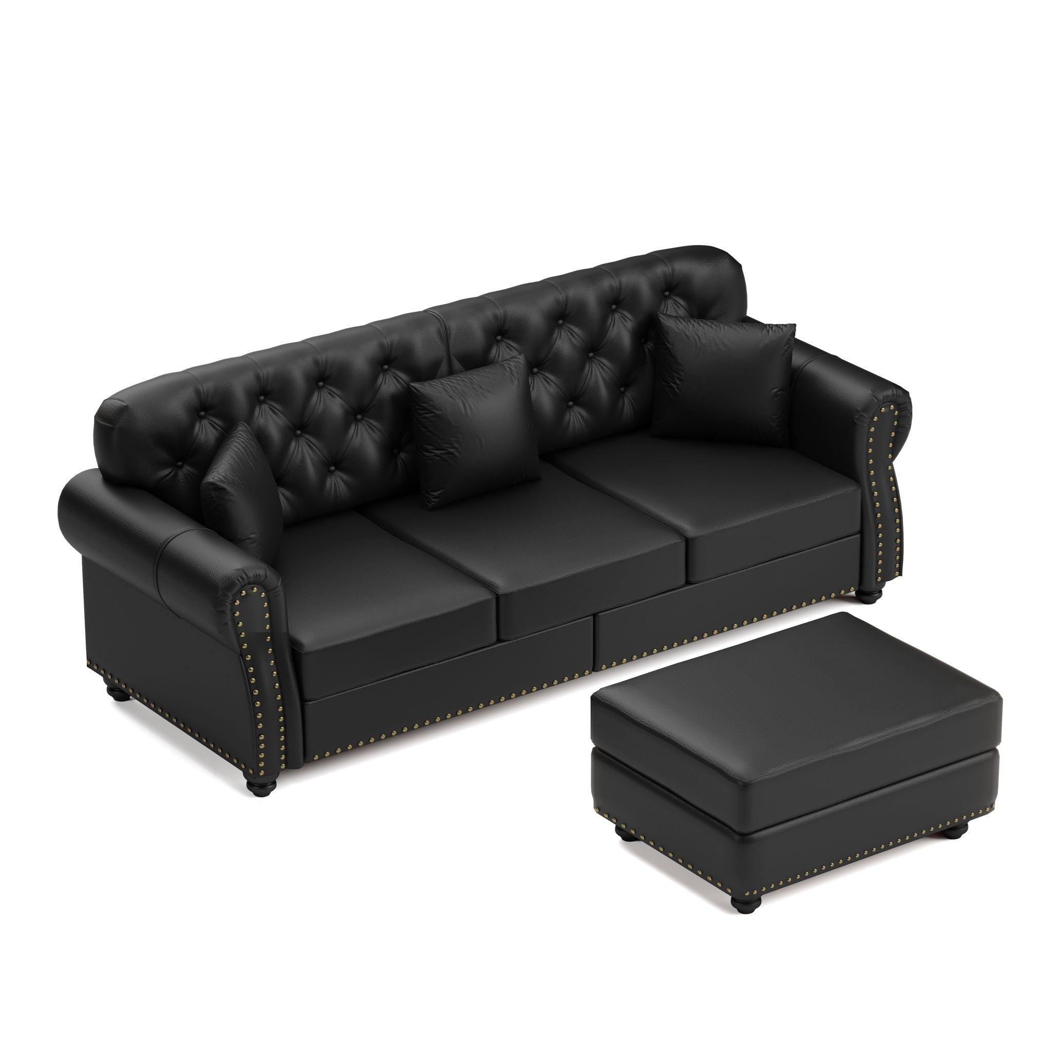 Upholstered Sofa With Nailhead Trim, Rolled Armrests With Ottoman