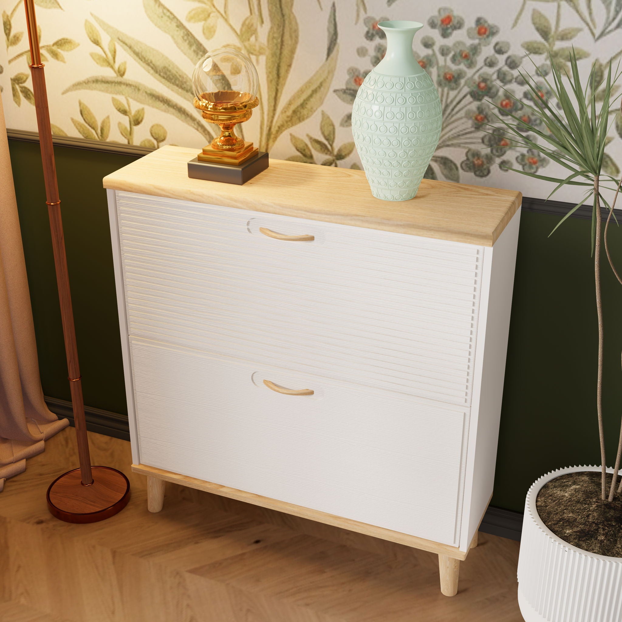 Narrow - Entryway Shoe Storage Cabinet With 2 Flip Drawers Legs - Natural / White