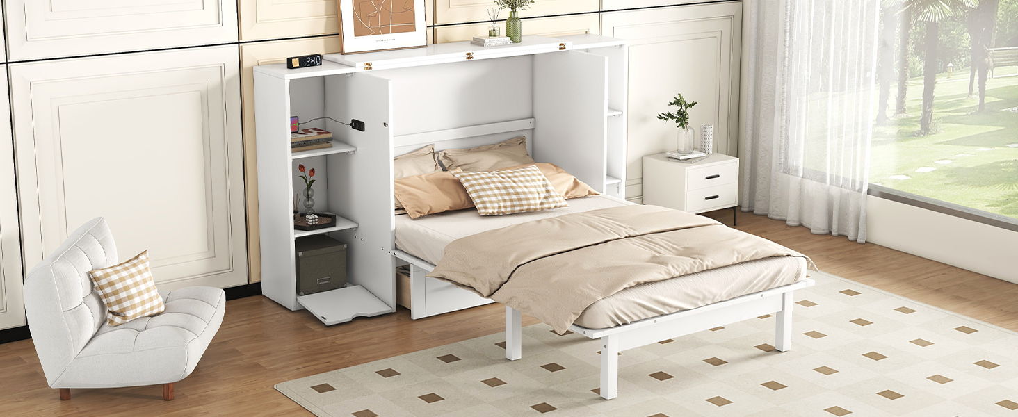 Murphy Bed With Shelves, Drawers And USB Ports