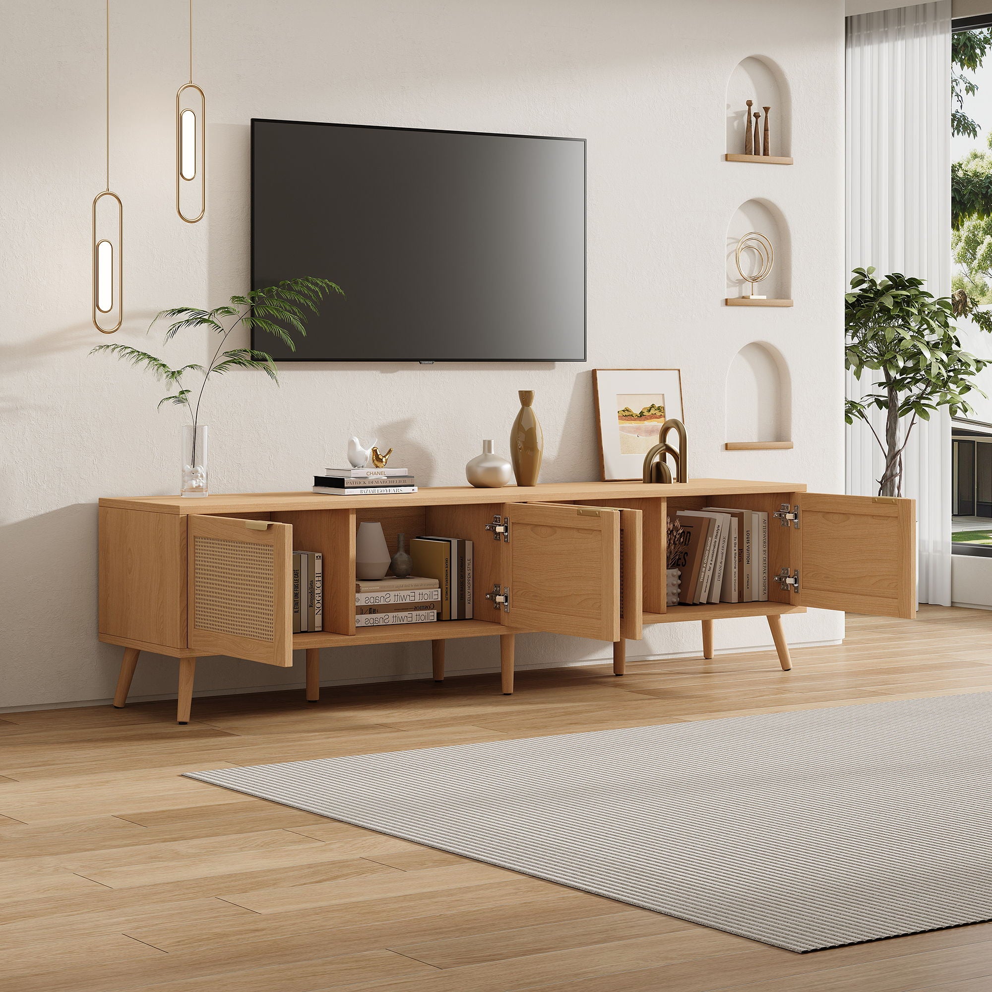 TV Stand With Storage & Cable Holes - Natural Wood