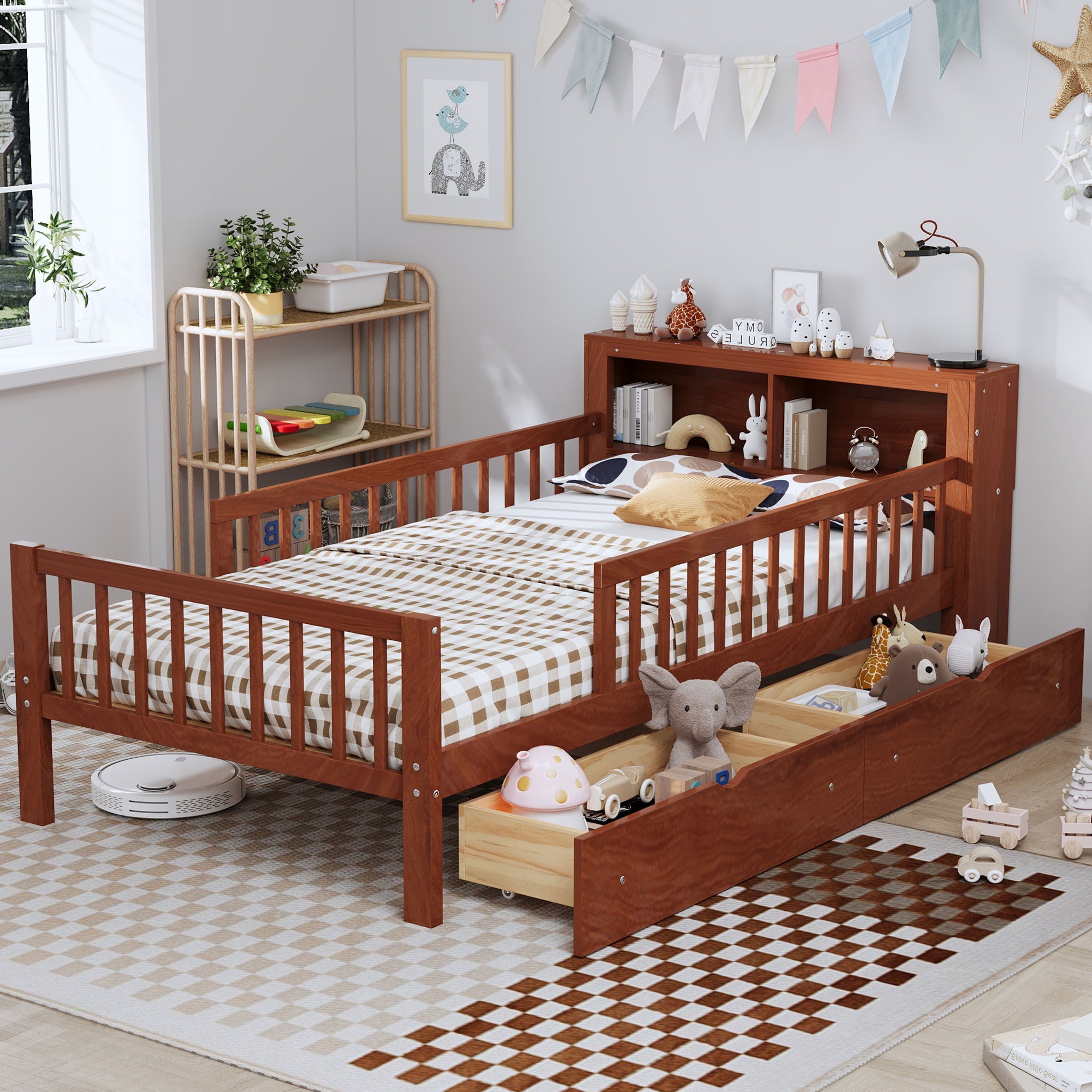 Bed With Headboard Storage Rack, 2 Under Bed Drawers, 3 Side Guardrails For Safety