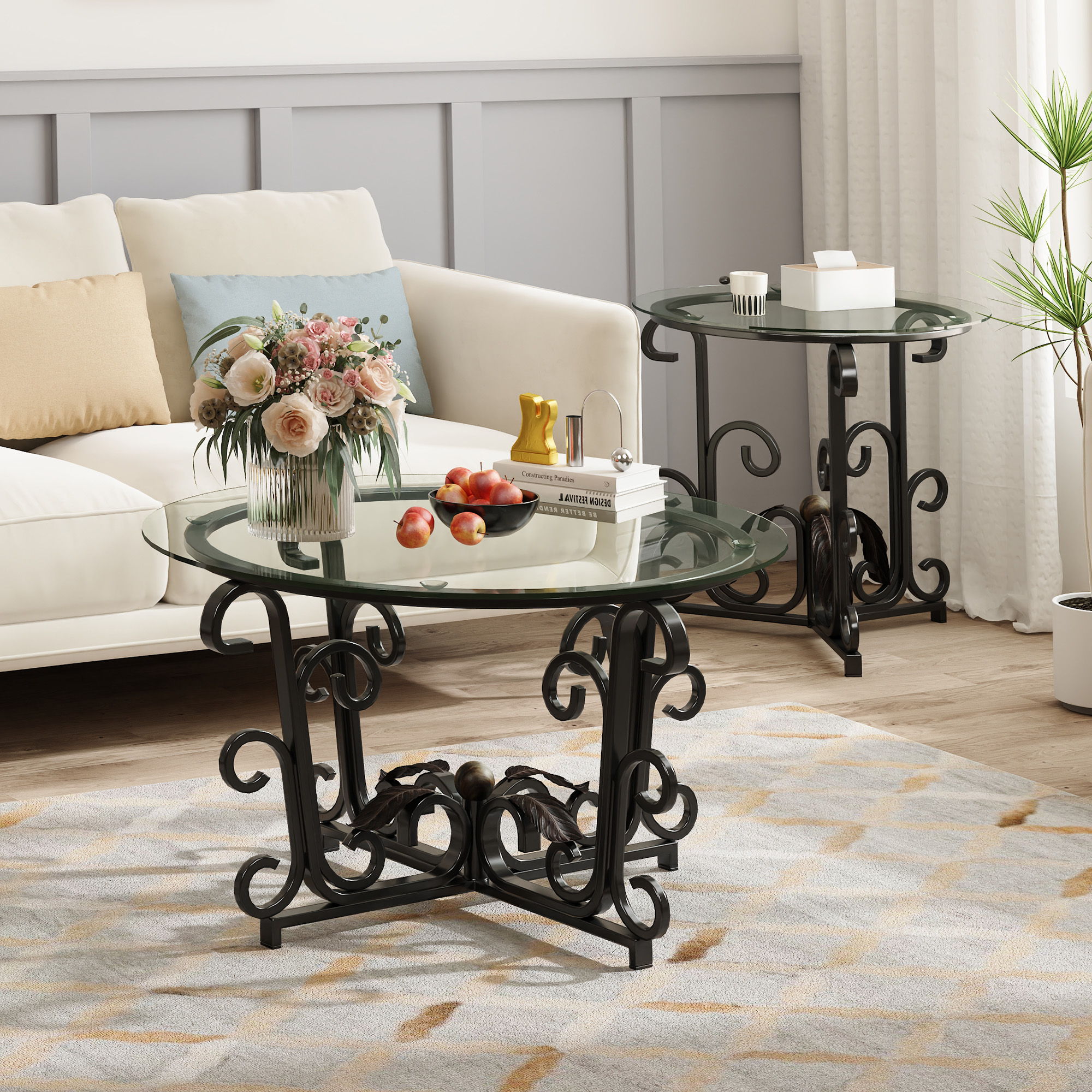 3 Piece Coffee Table Set With Tempered Glass Surface - Black