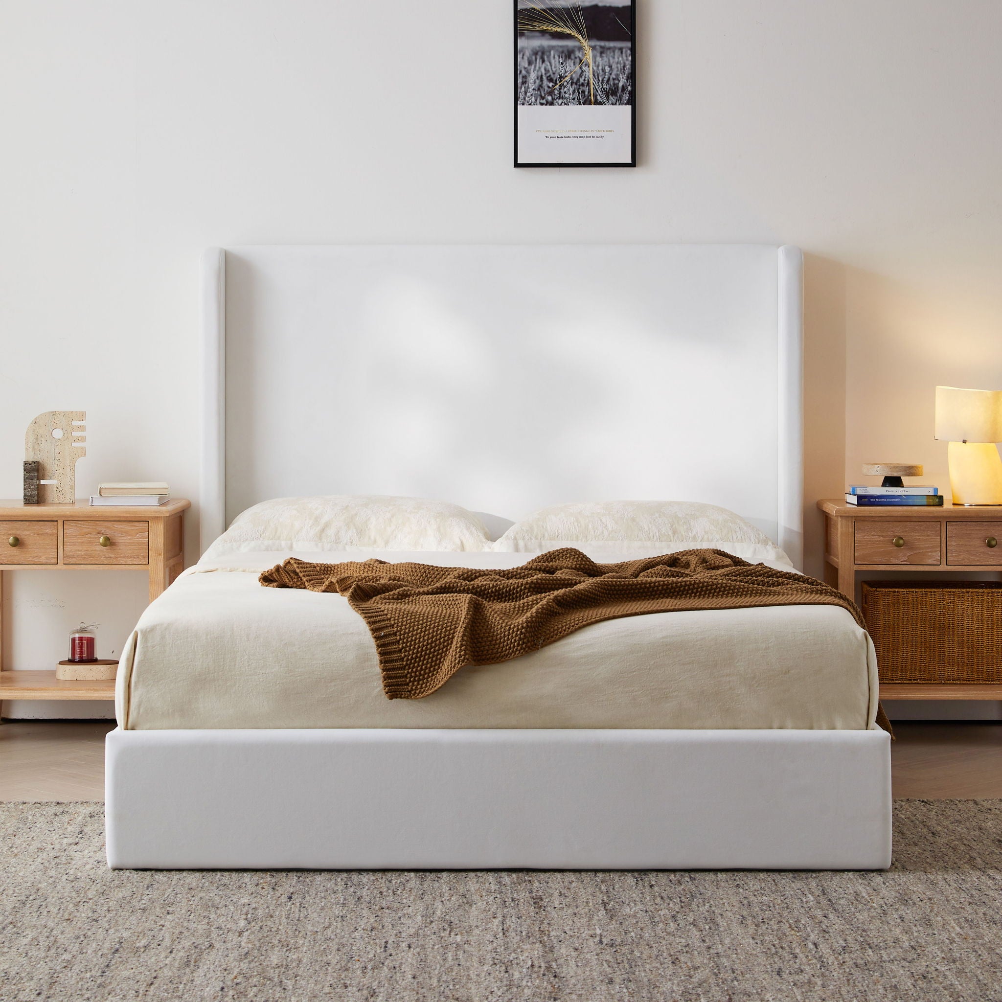 Carmen - King Size Upholstered Wingback Bed - White
