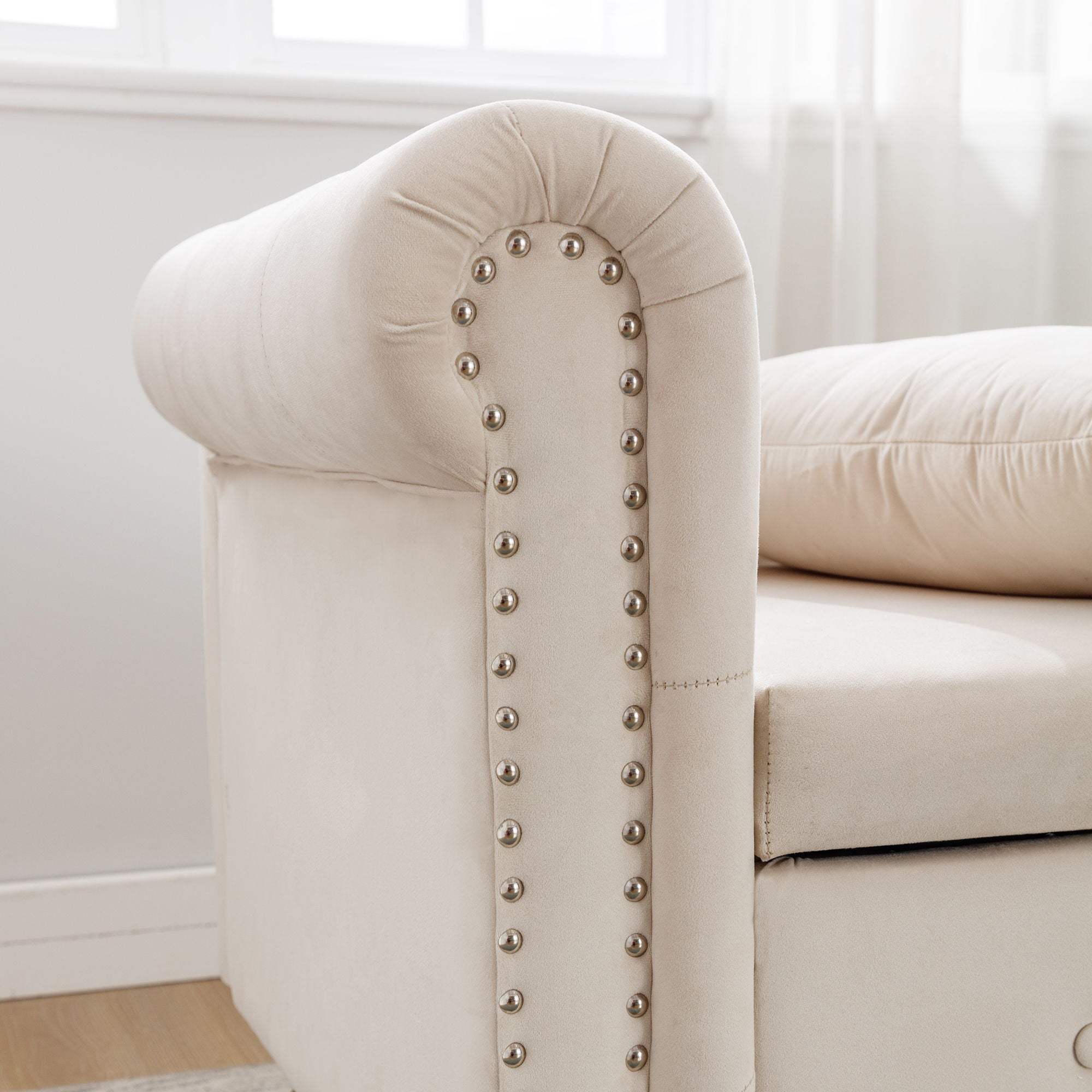 Chaise Lounge Indoor, Lounge Chair For Bedroom With Storage & Pillow, Modern Upholstered Rolled Arm Chase Lounge For Sleeping With Nailhead Trim For Living Room Bedroom Office