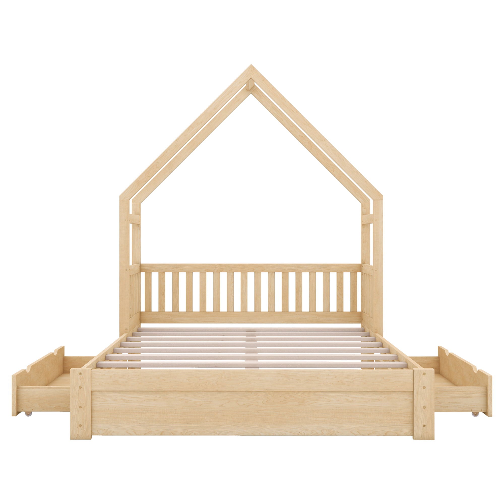 House Style Platform Bed With Guardrail And 2 Drawers