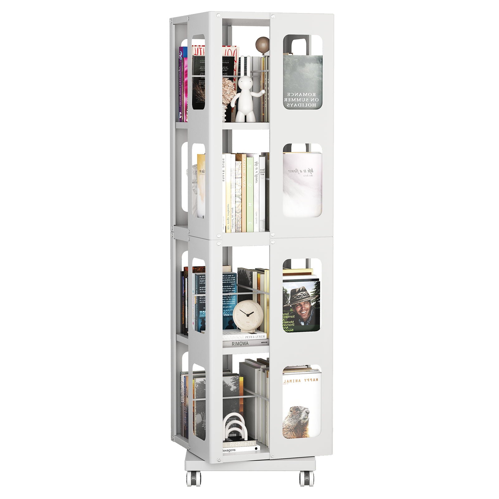 4 Tier All Steel Rotating Bookshelf With 360° Wheels, Large Size Sturdy & Spacious Book Rack, New Style Bookshelf - White