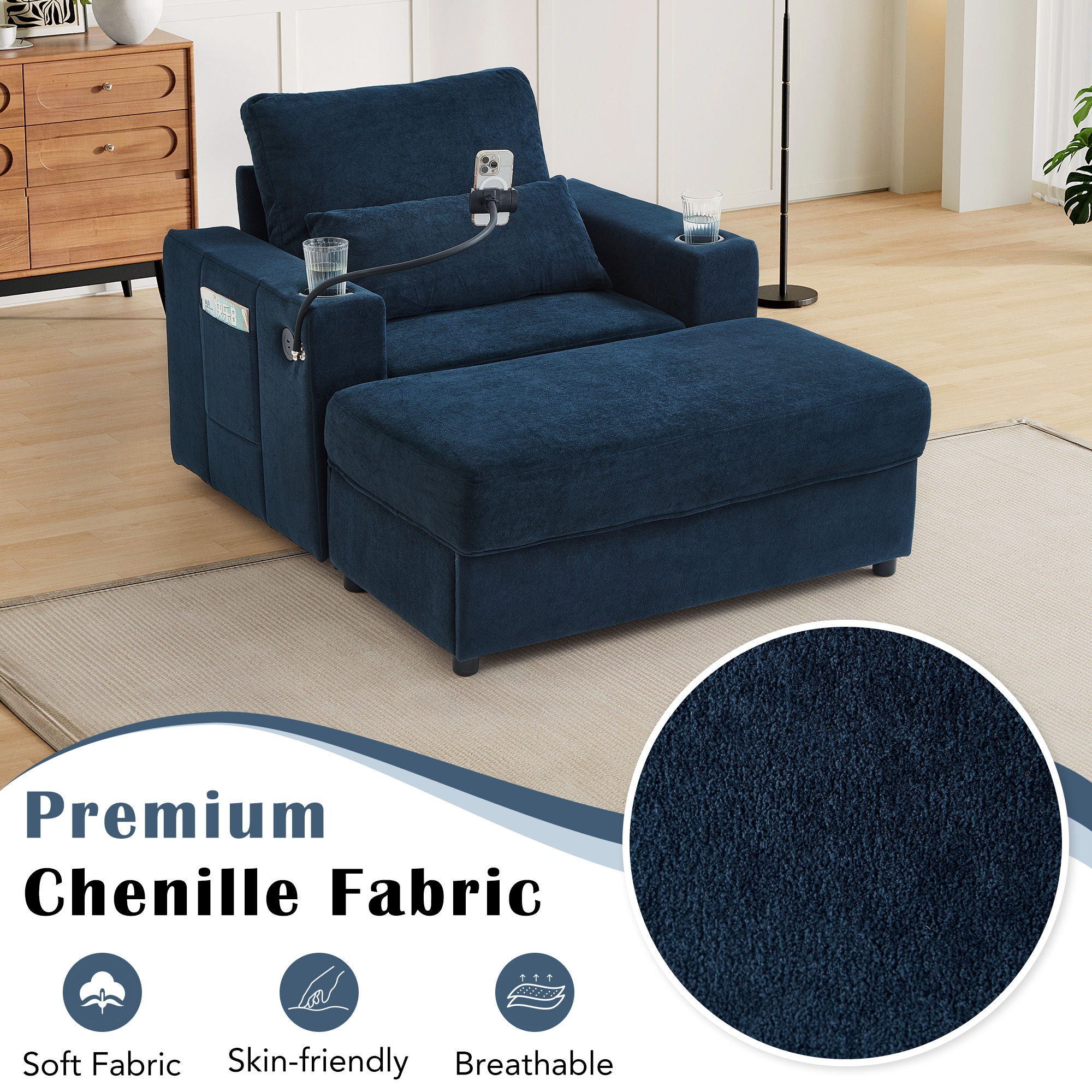 Modern Style Armchair Chaise Lounge Sofa Couch With Movable Storage Ottoman, USB Ports, Cup Holders, Phone Holder, Side Pockets
