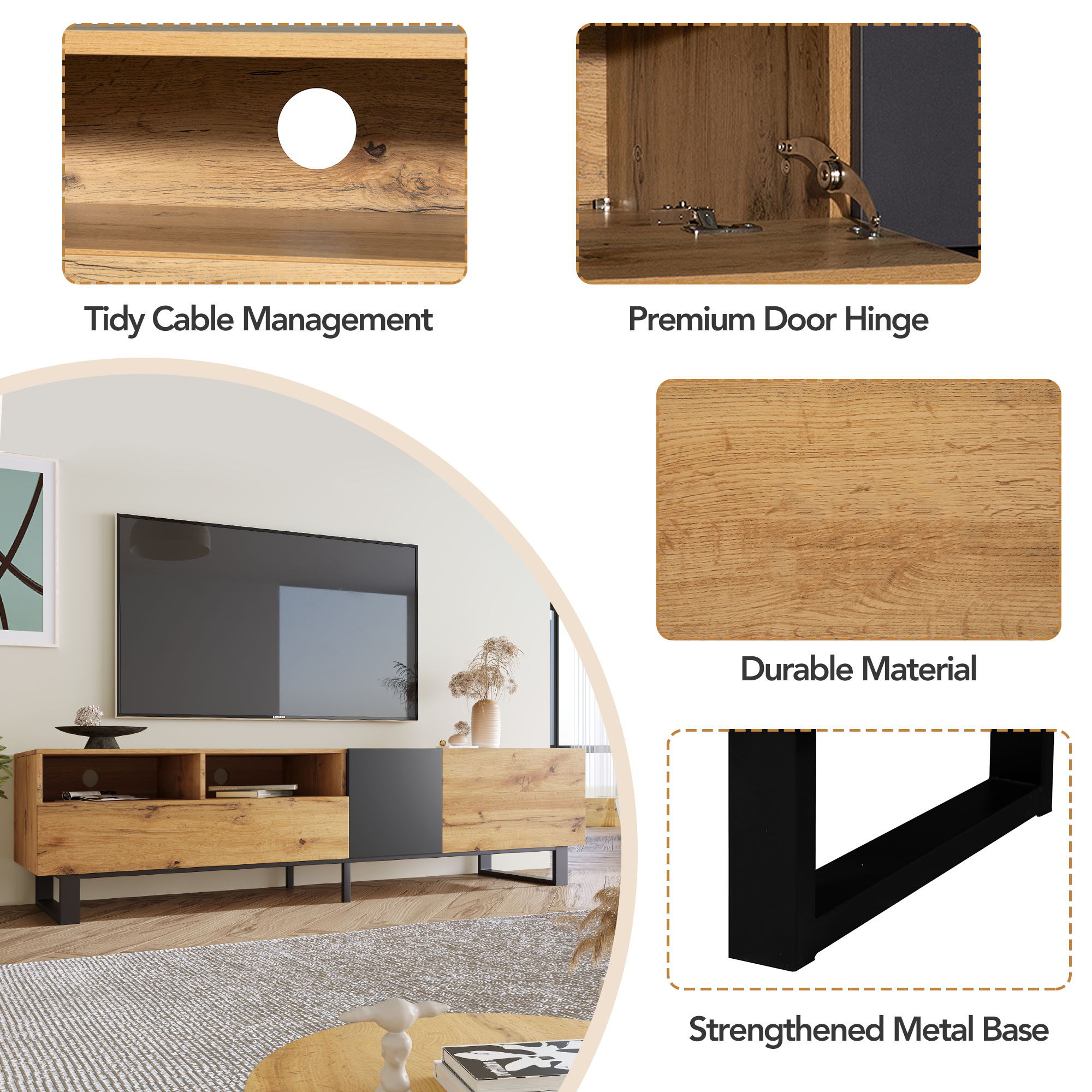 TV Stand For 80'' TV With Double Storage Space, Media Console Table With Drop Down Door