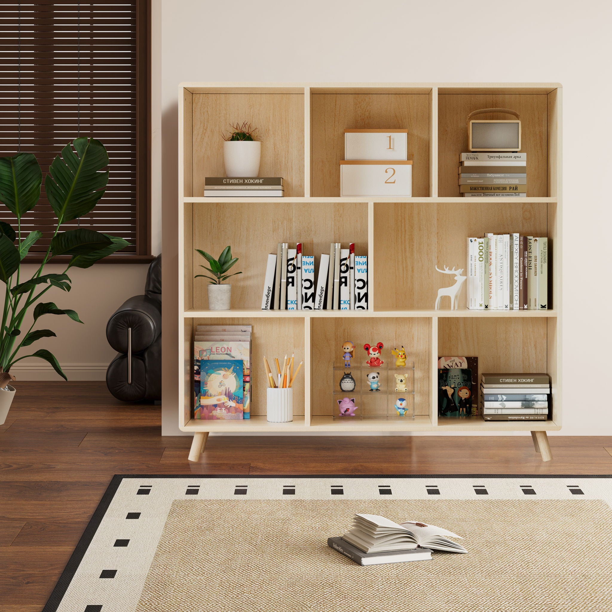 8 Compartment Storage Cabinet With Fixed Shelves For Books - Wood