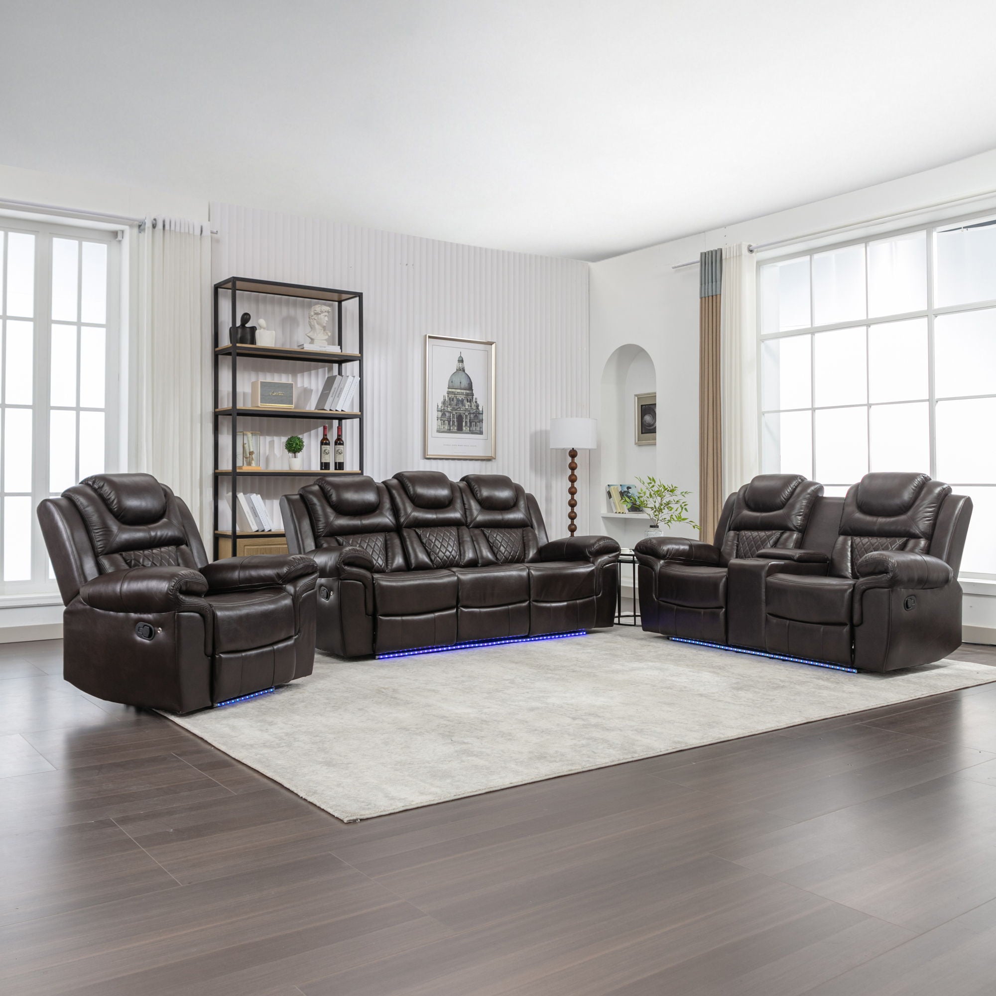 3 Pieces Recliner Sofa Sets Home Theater Seating Manual Recliner Chair With Center Console And LED Light Strip For Living Room