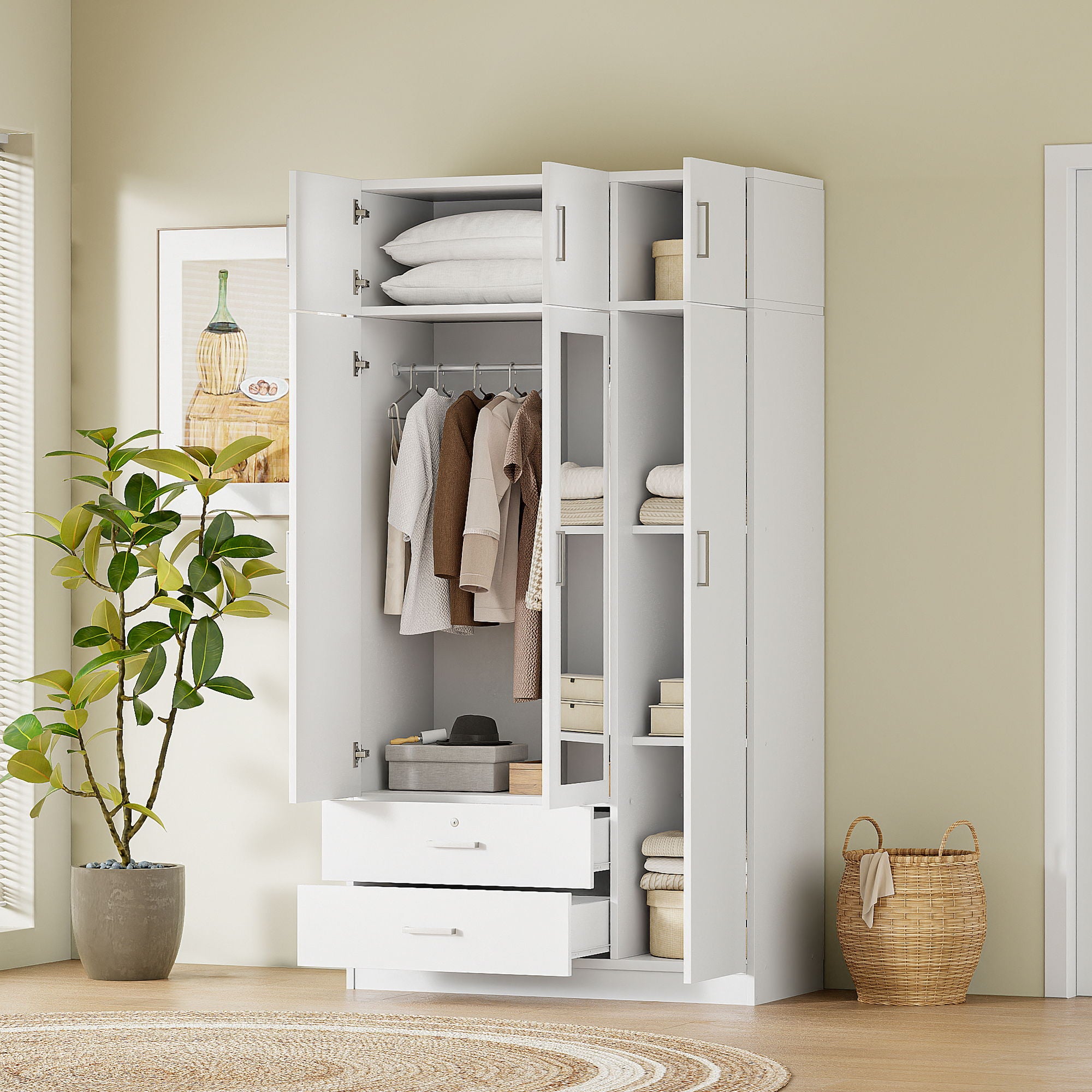 Modern 3 Door Mirror Wardrobe With 2 Drawers And Top Cabinet