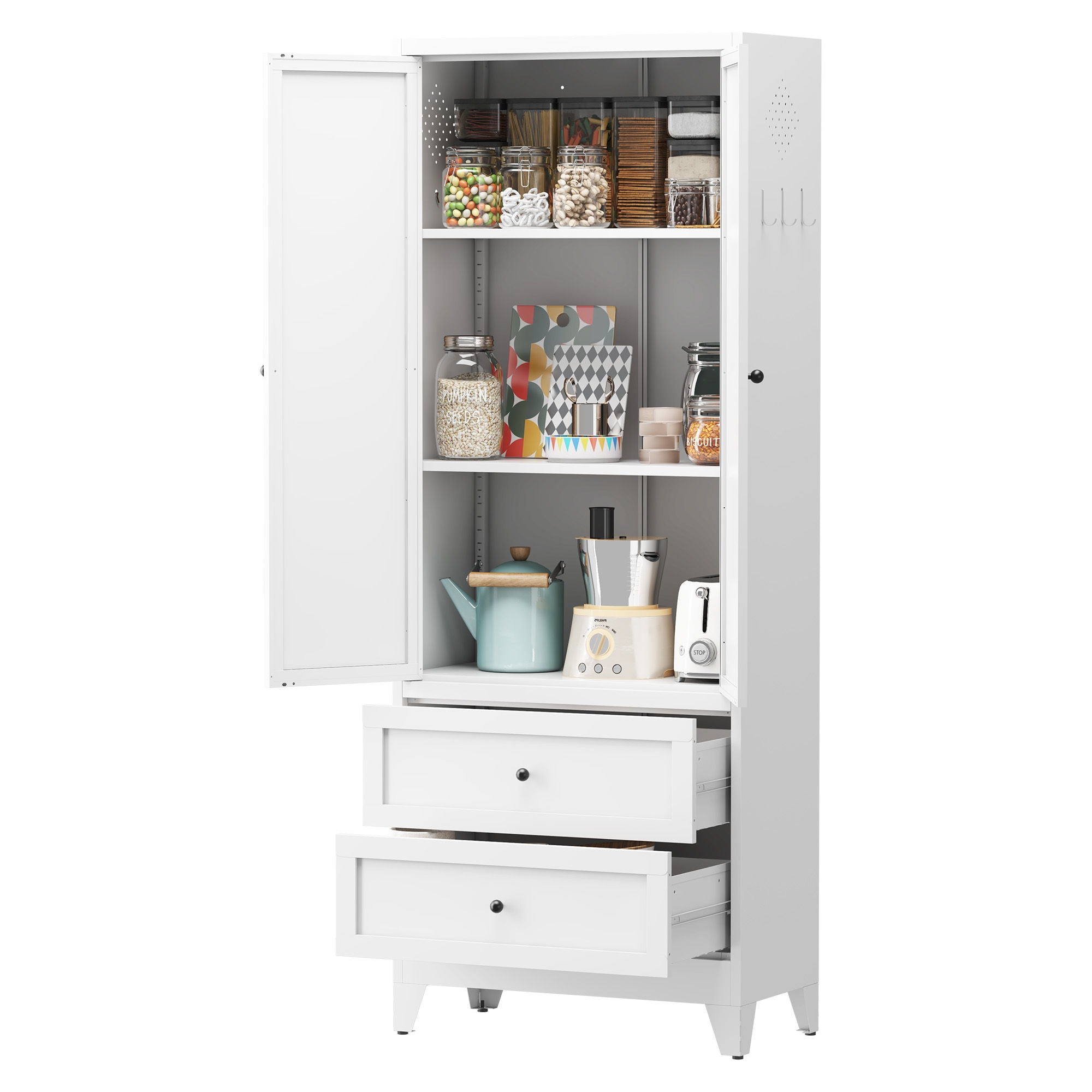 Pantry Cabinet With 2 Drawers, Adjustable Shelves, Freestanding Kitchen Storage Organizer - White