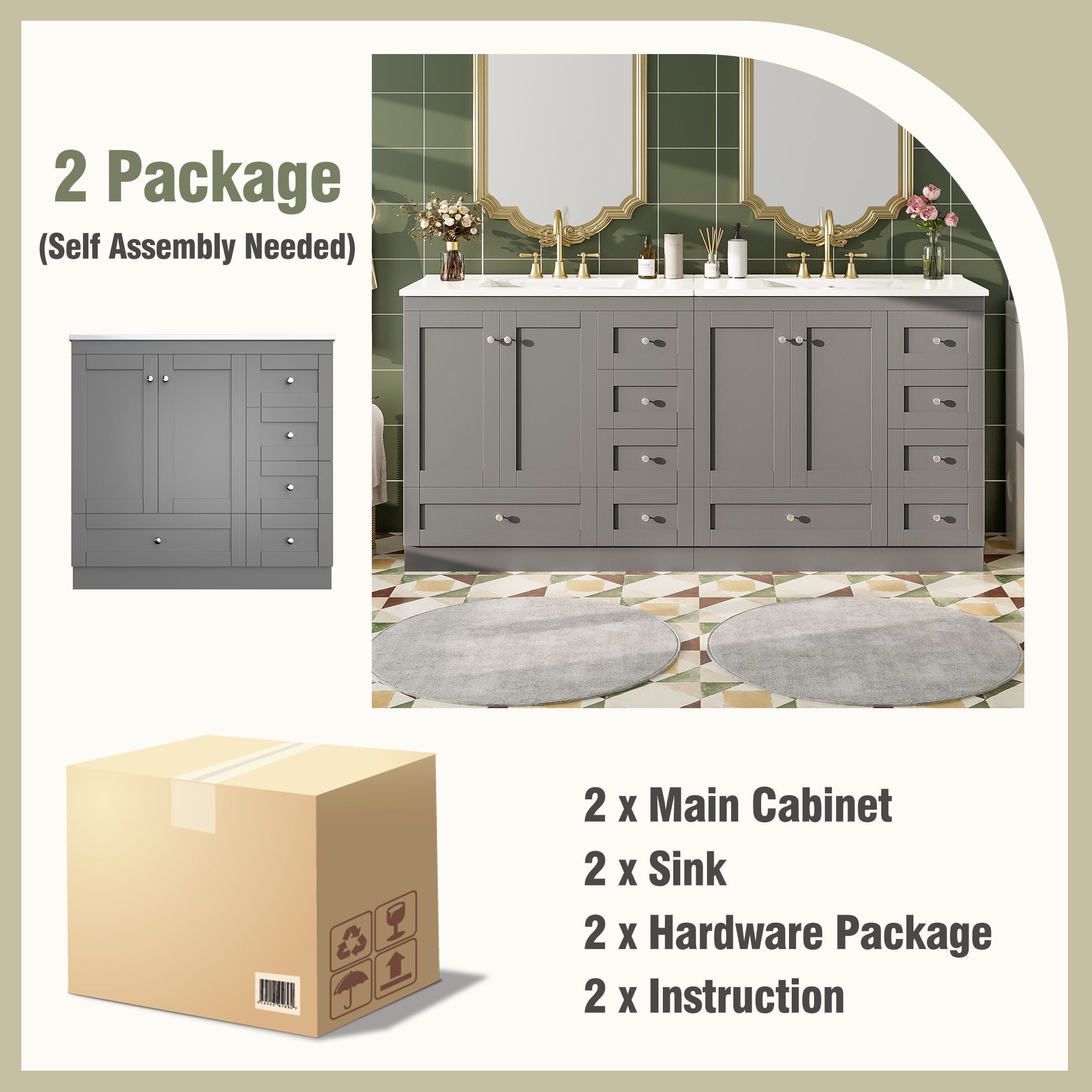 Shaker Free Standing Bathroom Vanity Cabinet & Sink, Soft Close Drawers, Soft Close Doors