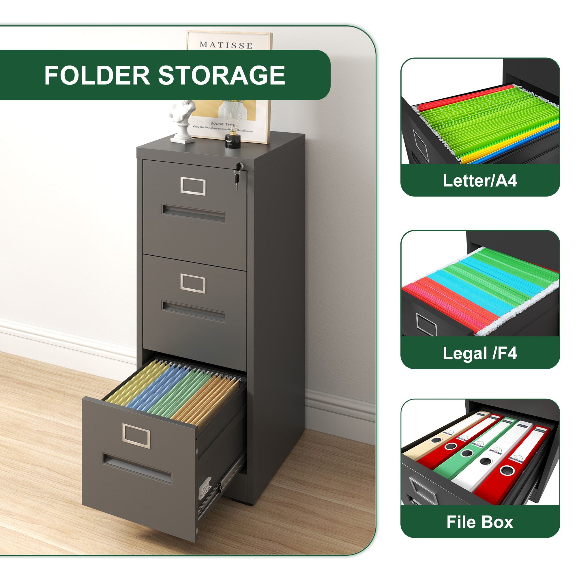 Premium Drawer File Cabinet With Lock, Metal Vertical Design, A4 Legal / Letter Size