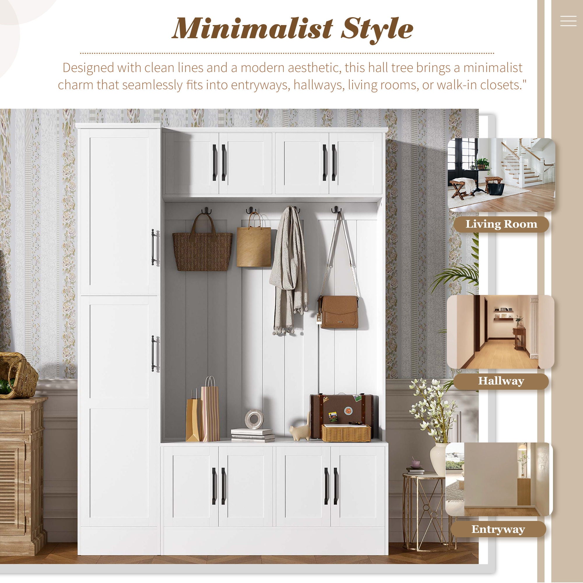 Tall Hall Tree With Shoe Storage, 4 In 1 Entryway Bench With 6 Cabinets, 4 Coat Hooks & Adjustable Shelf For Hallway - White