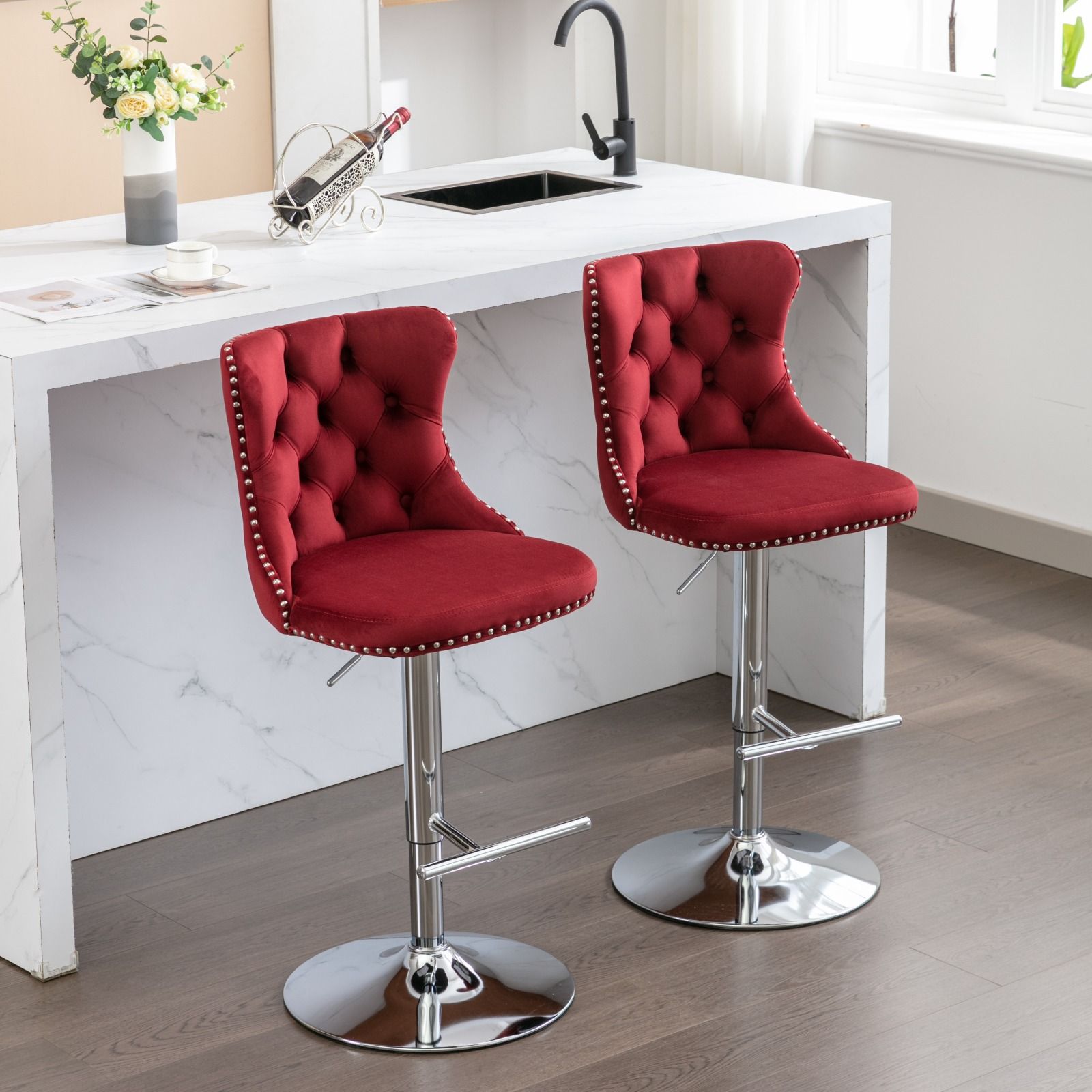 Swivel Barstools Adjusatble Seat Height From 25-33", Modern Upholstered Base Bar Stools With Backs Comfortable Tufted For Home Pub And Kitchen Island (Set of 2)