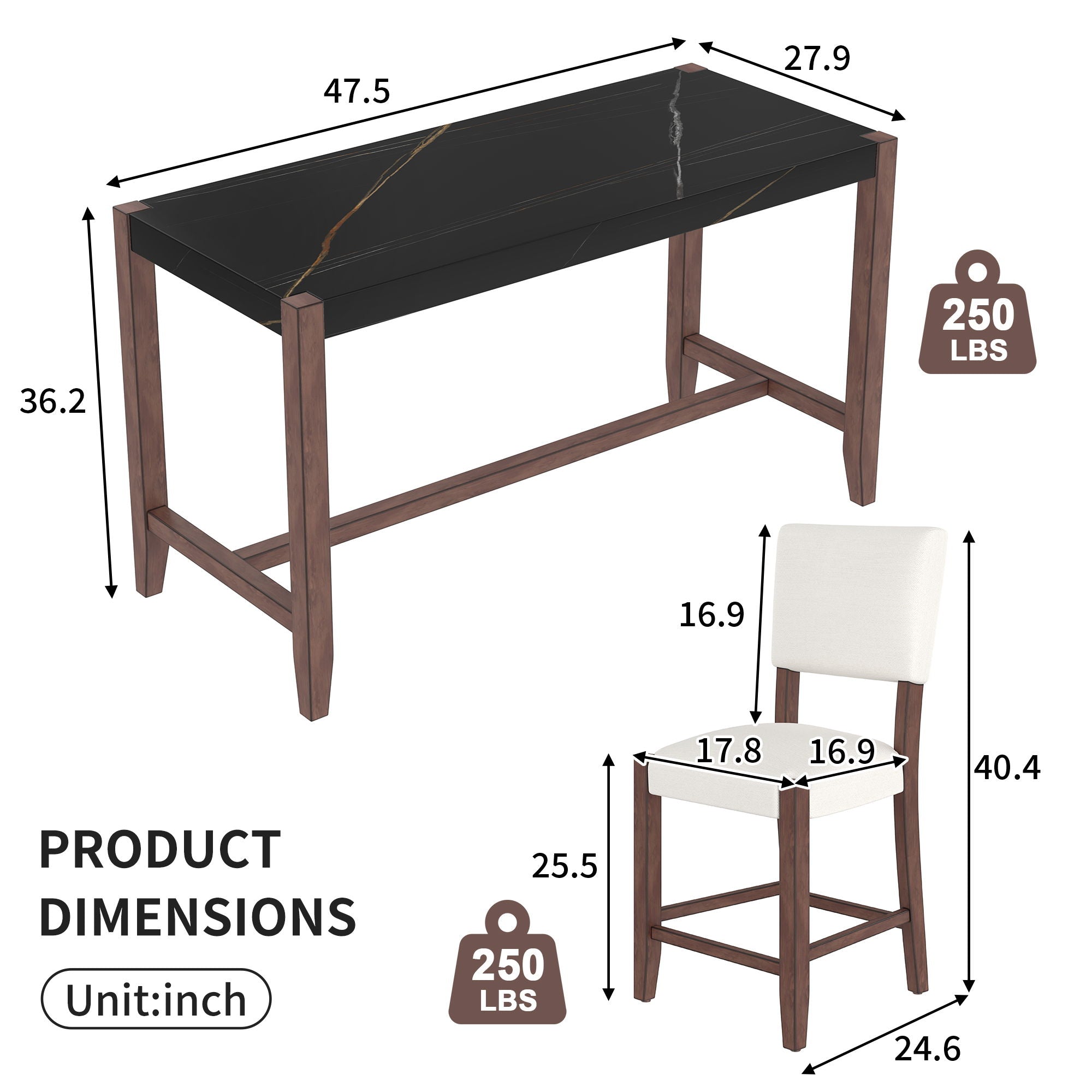 5 Piece Counter Height Dining Set, Bar Table With 4 Upholstered Chairs