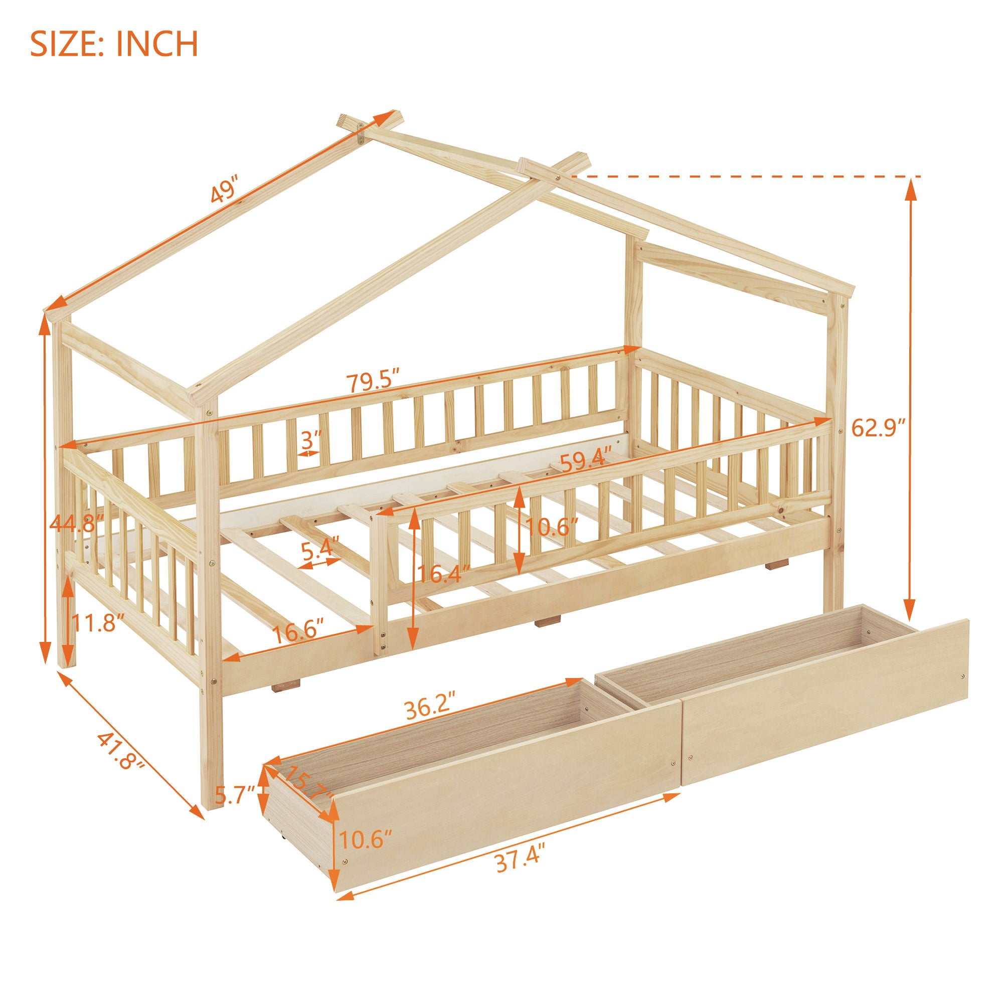 House Bed With 2 Drawers