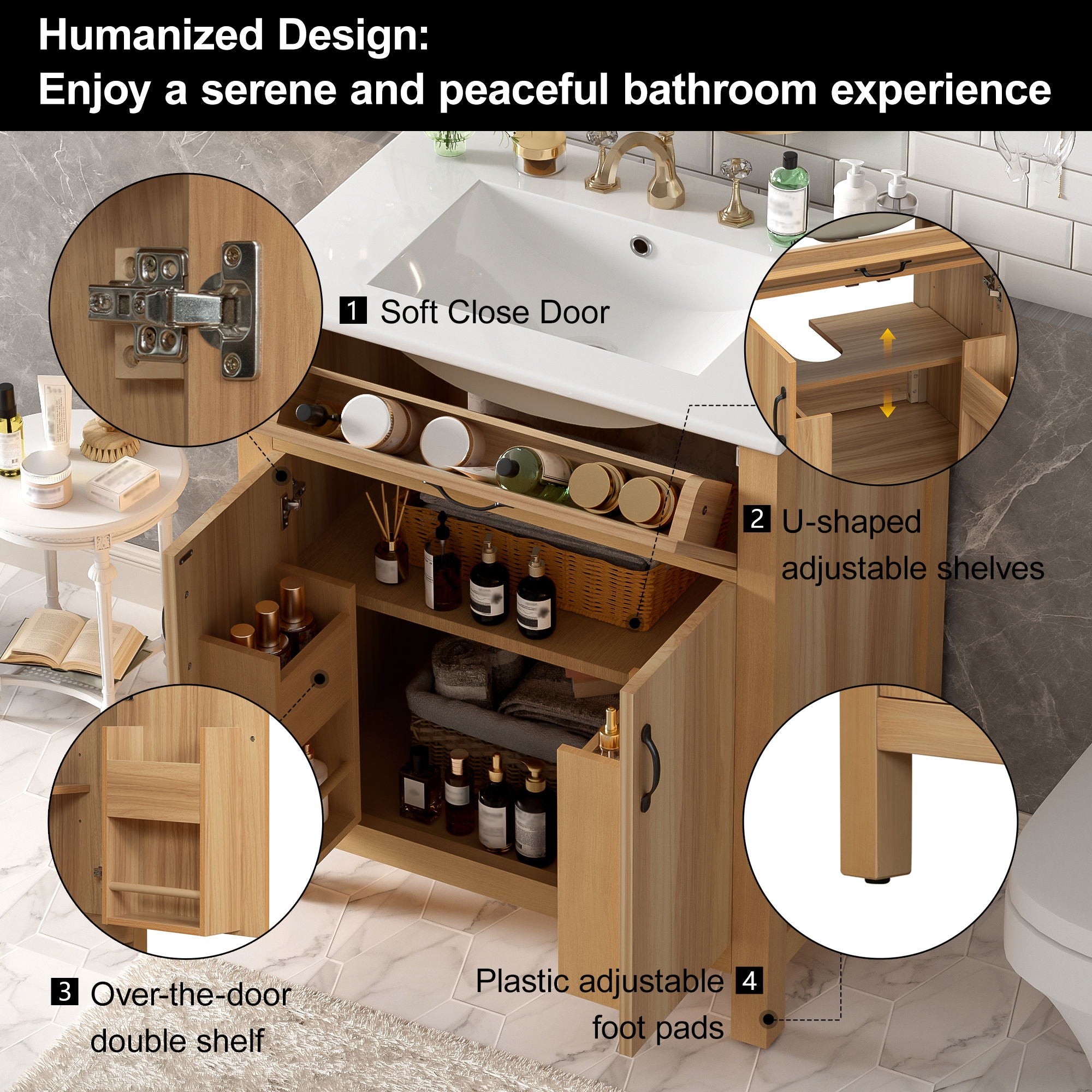 Bathroom Vanity With Flip Drawer, 2 Soft Close Doors, Adjustable Shelf And Ceramic Sink