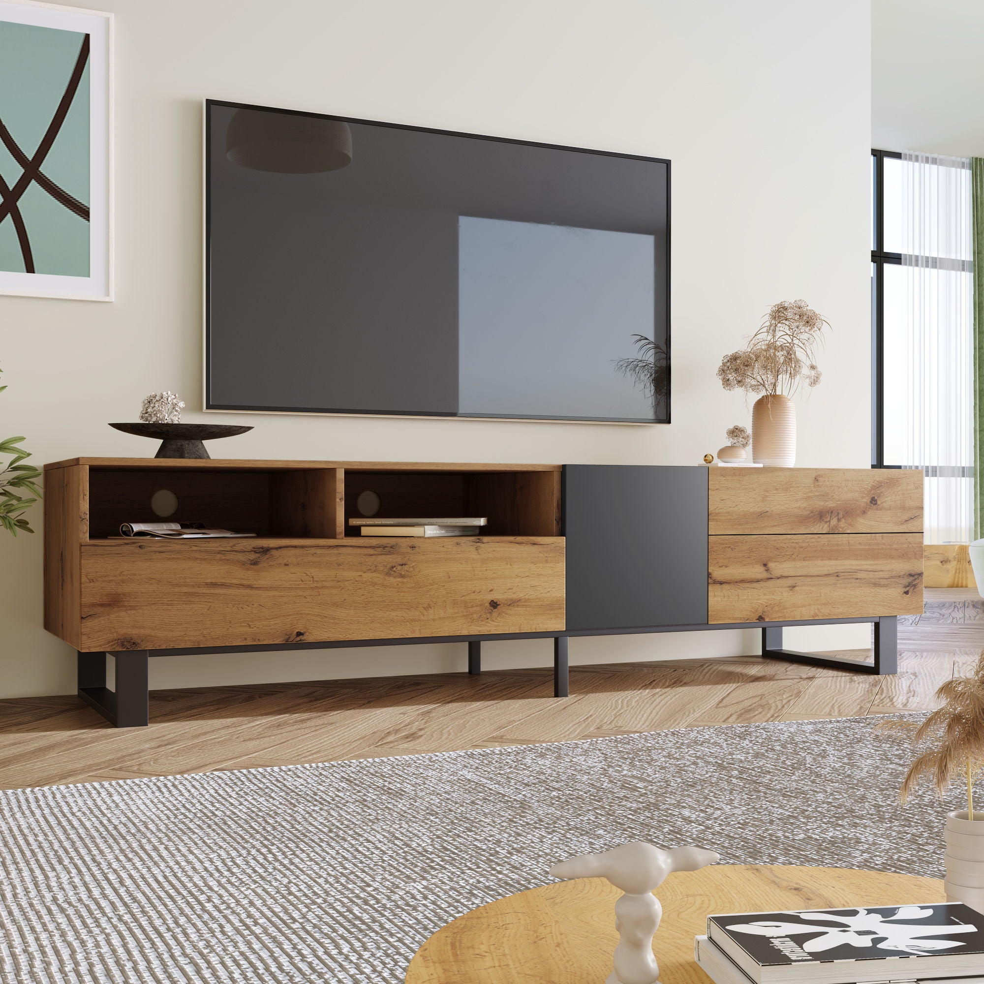 TV Stand For 80'' TV With Double Storage Space, Media Console Table With Drop Down Door