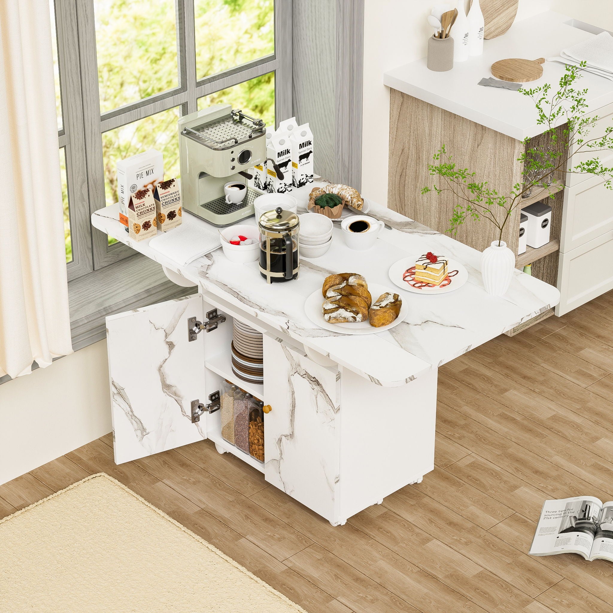 Versatile Marble Folding Dining Table With Storage Rack And Cabinet, 6 Wheels - White