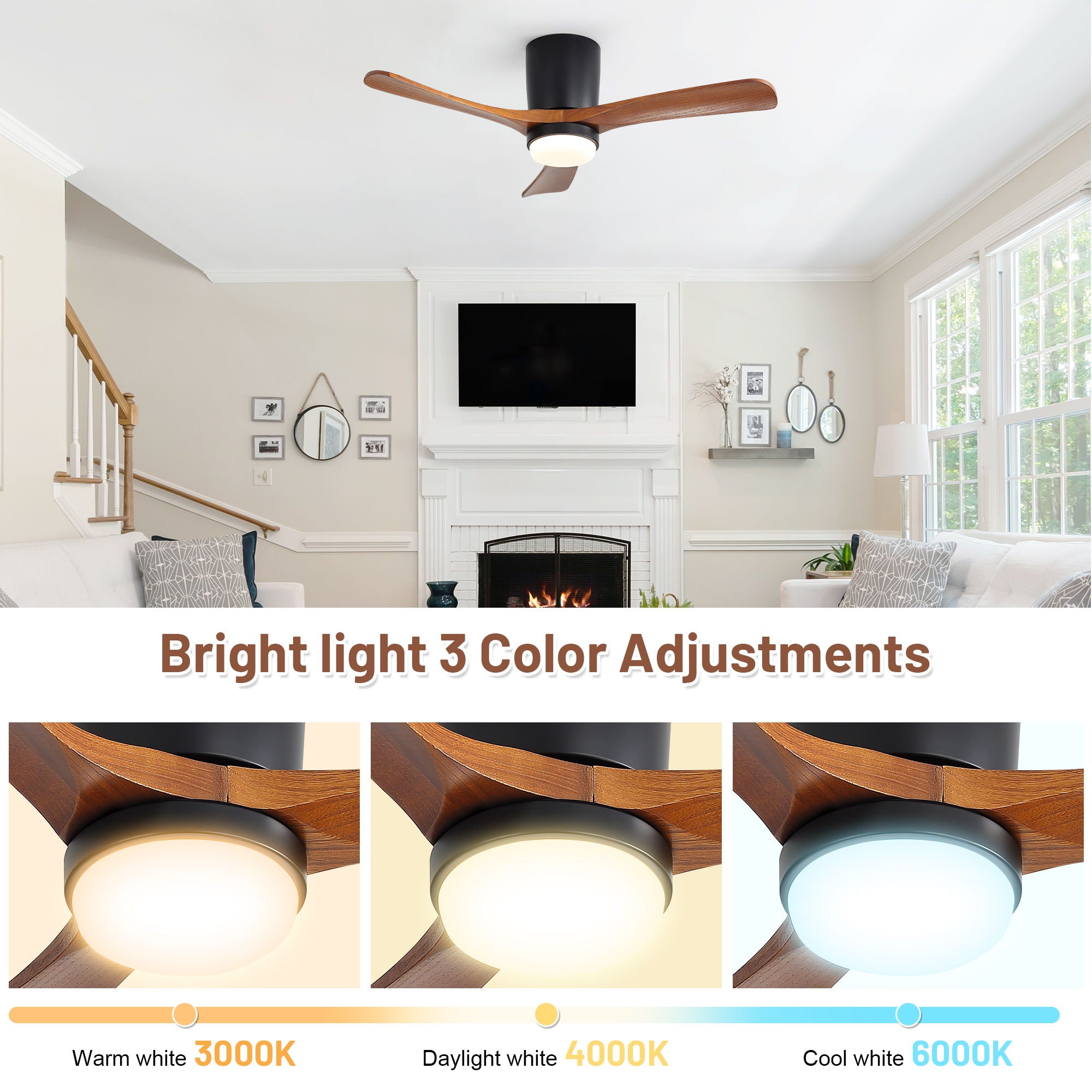 Ceiling Fan With Light, Dimmable 3 Color LED, 1 / 4 / 8H Timer, Silent For Bedroom - Matte Black