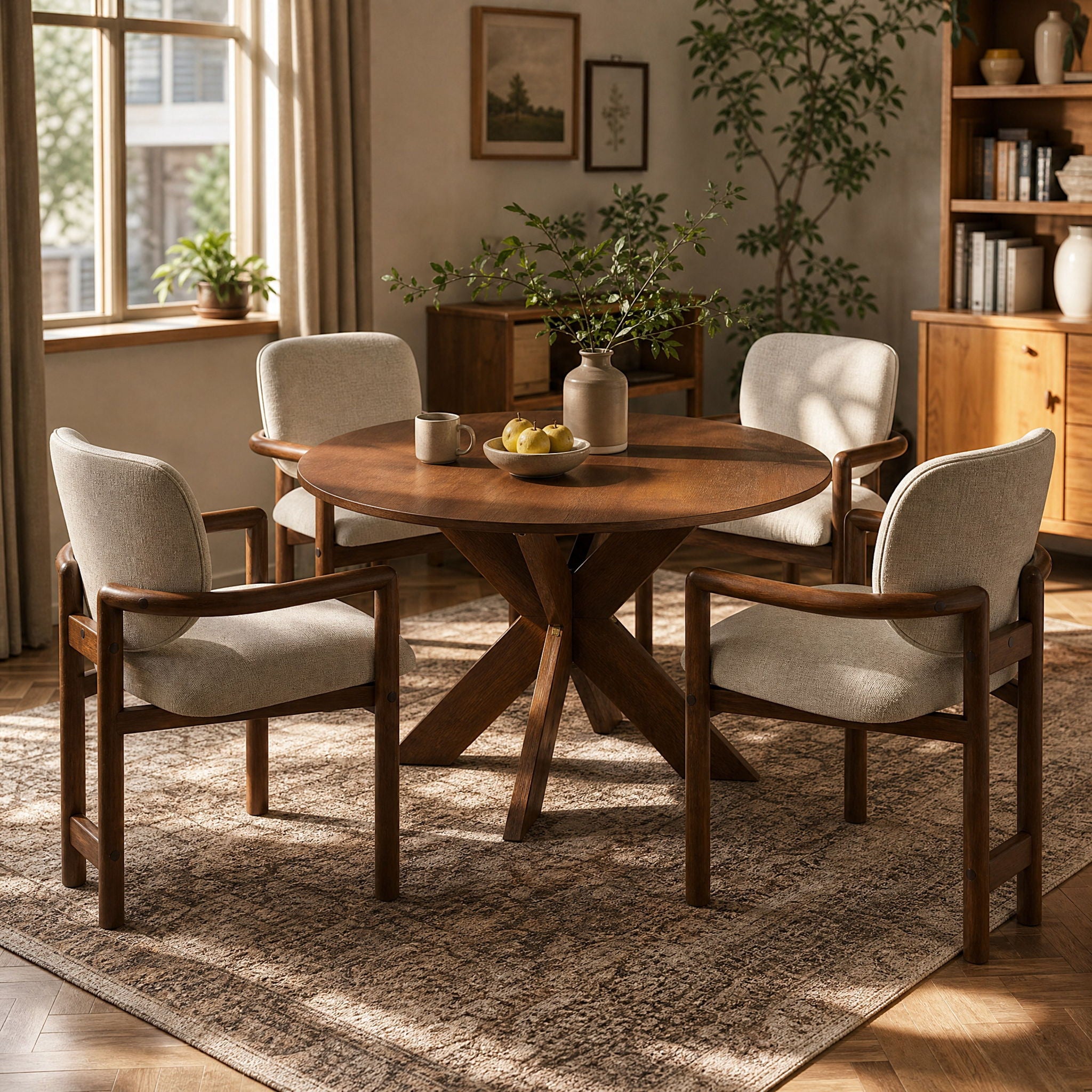 5 Piece Indoor Dining Set, Round Table & 4 Brown Arm Chairs - Beige / Brown / Cherry