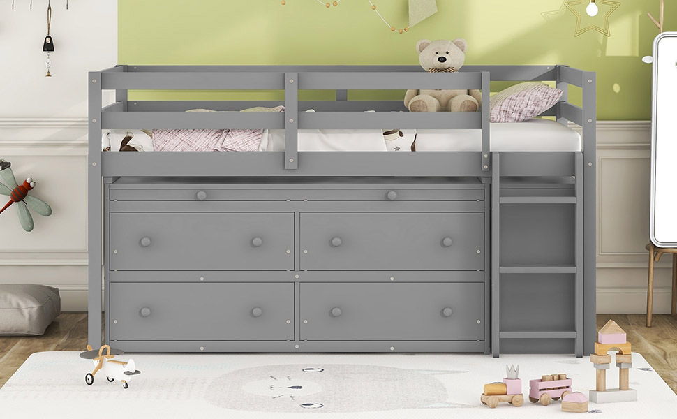 Loft Bed With Retractable Writing Desk And 4 Drawers, With Lateral Portable Desk And Shelves